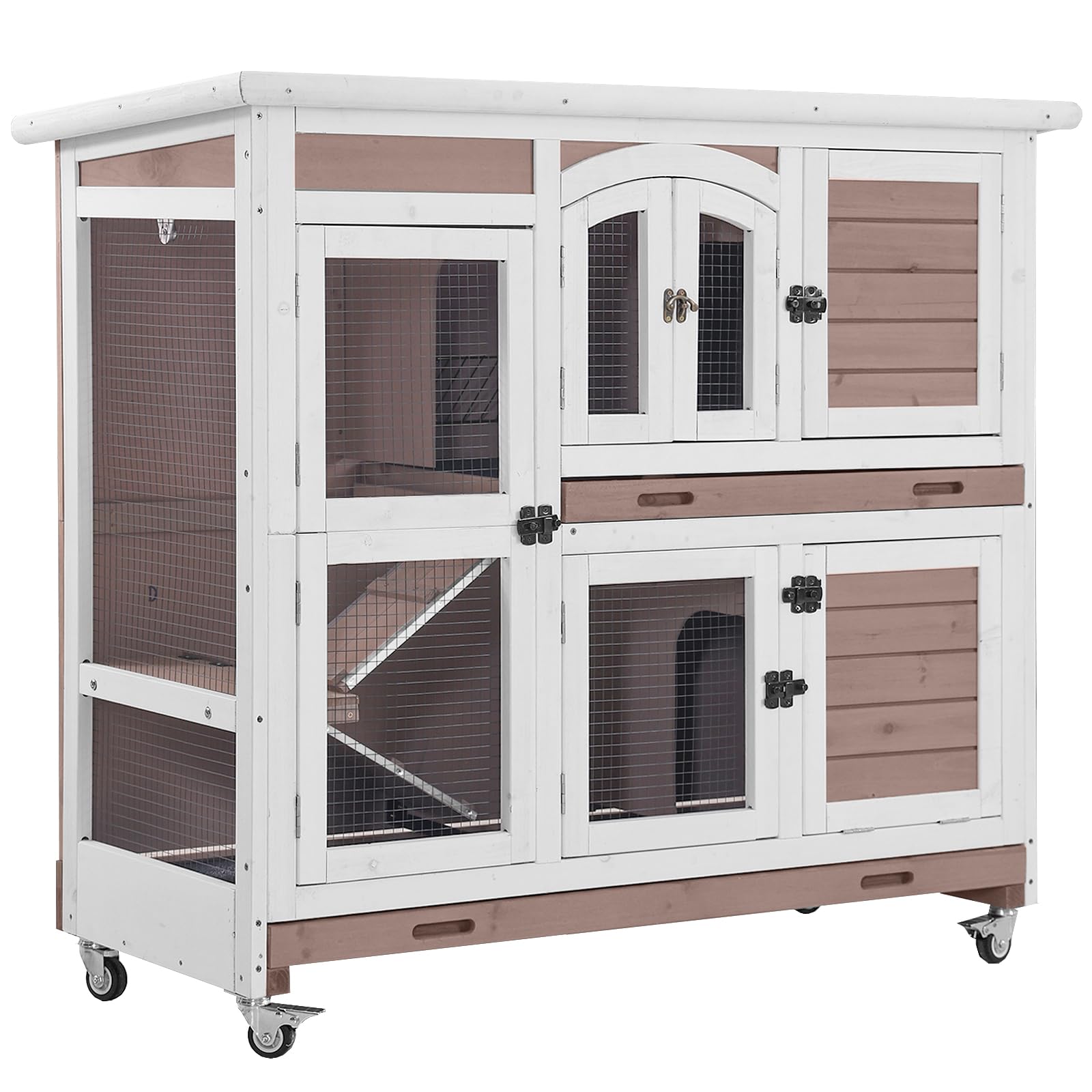 Aivituvin Rabbit Hutch Bunny Cage with Wheels Indoor Outdoor 47'' Two Story Guinea Pig Cage with 2 Deep No Leak Tray