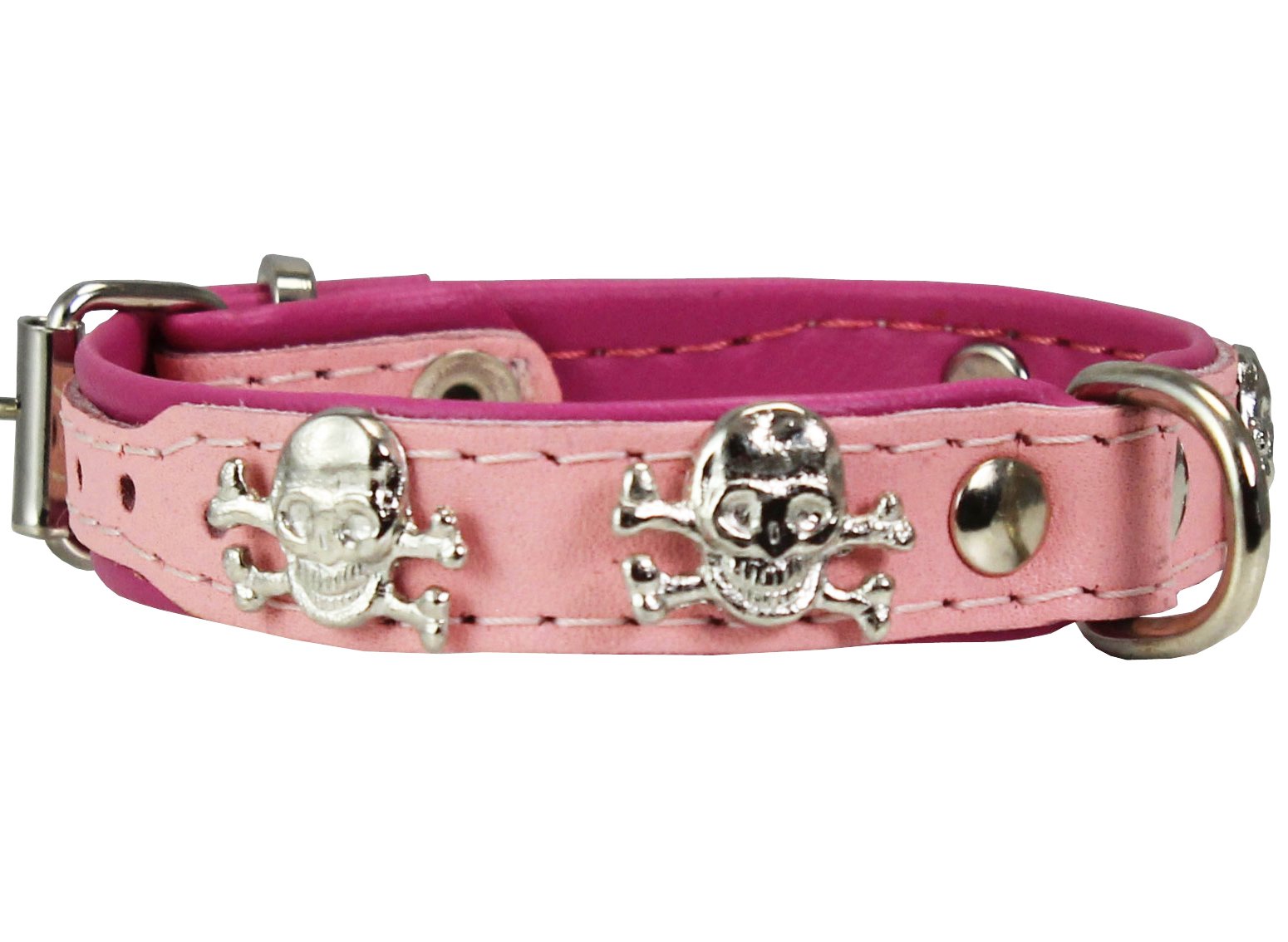 Dogs My Love Real Leather Skull Studded Padded Dog Collar (8.75'-10.5' Neck; 1/2' Wide, Pink/Baby-Pink)