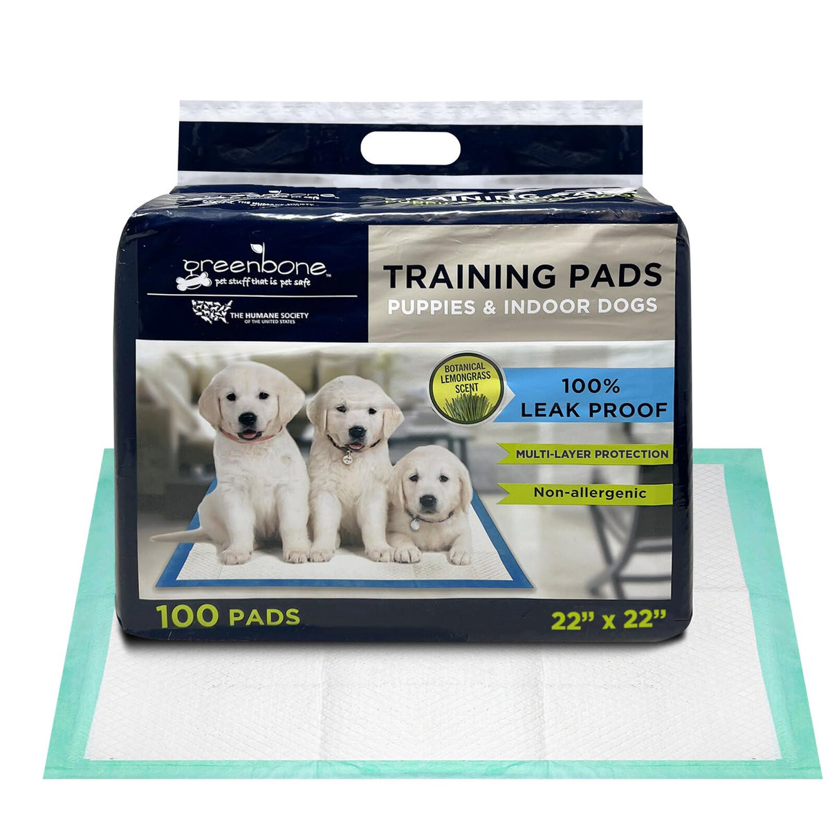 The Humane Society By Greenbone Training Pads For Puppies & Indoor Dogs - Leak Proof - 100 Count