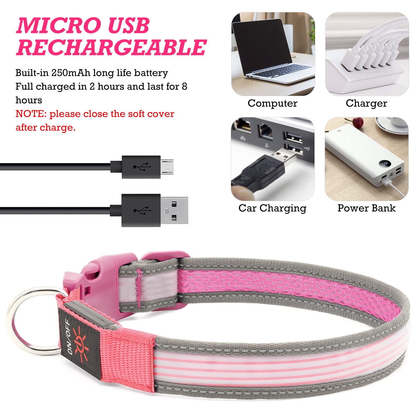 Yfbrite Full Adjustbale Led Dog Collar, Full Illuminated Light Up Dog Collars, Reflective Dog Collar Light Glowing In The Dark For All Dogs Safety (Small, Pink-2)