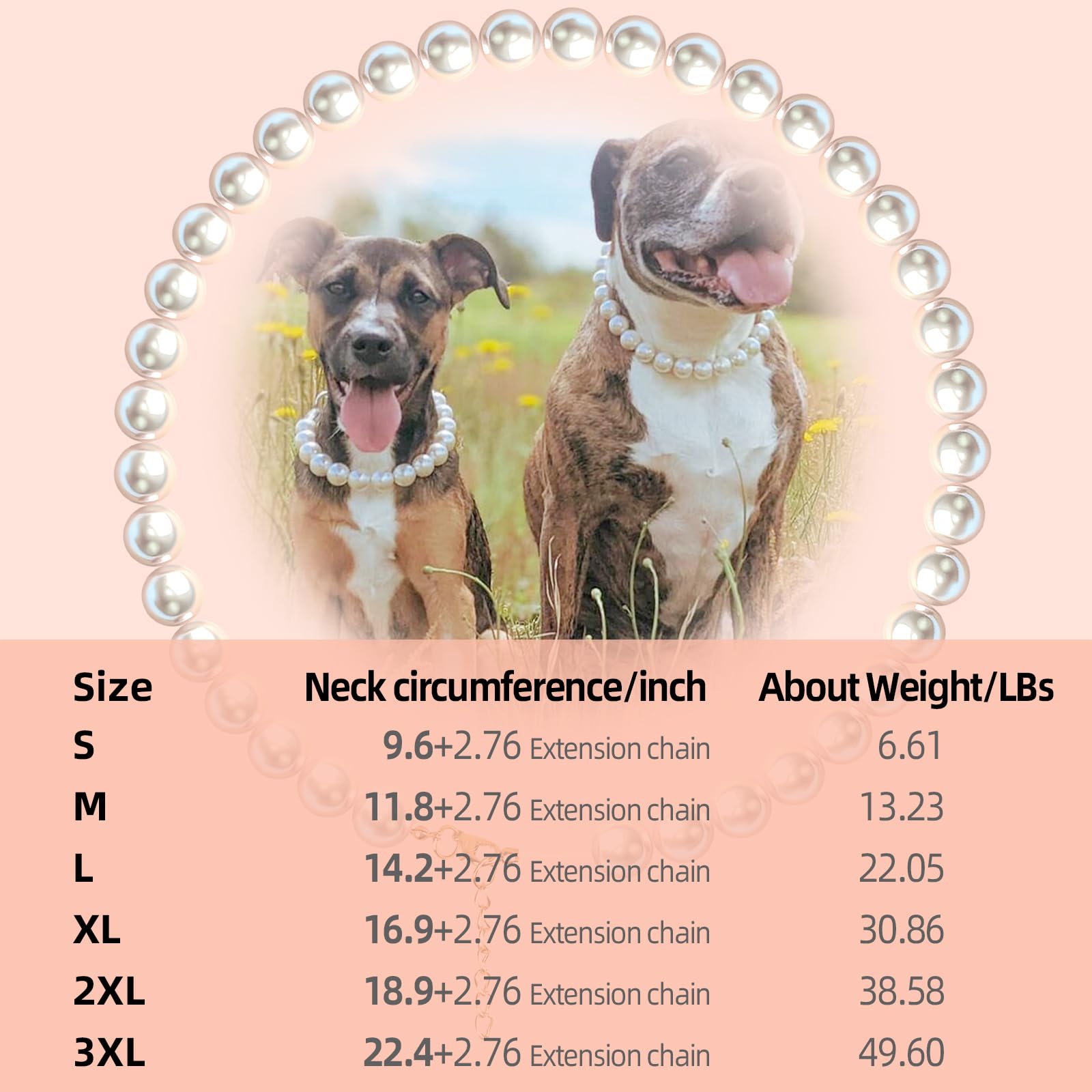 KUDES Adjustable Dog Necklace - Elegant Pearl Collar for Dogs, XL (16.1-19.6 Inches), White Diamond Bling Pearl