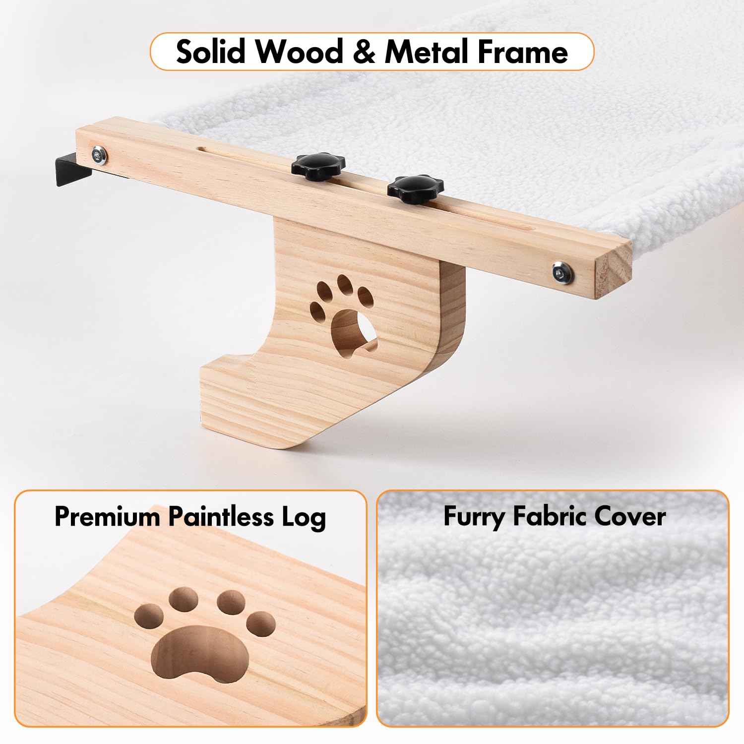 Amosijoy Cat Sill Window Perch Sturdy Cat Hammock Window Seat With Wood & Metal Frame For Large Cats, Easy To Adjust Cat Bed For Windowsill, Bedside, Drawer And Cabinet (24.4''-White Plush)