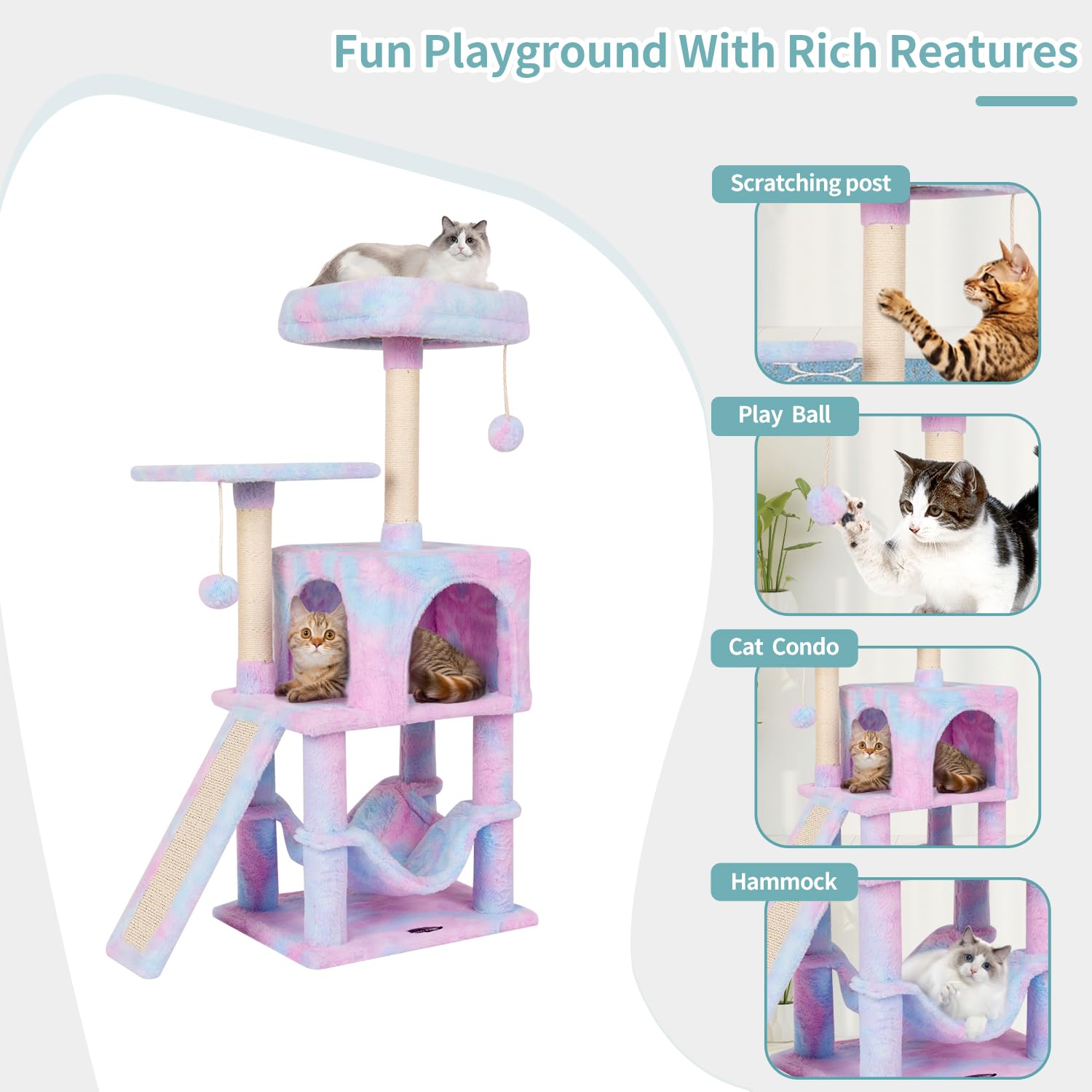 Miao Paw Rainbow Cute Cat Tree For Indoor Cat Tower With Scratching Post Modern Activity House Hammock Hanging Ball Condo With B