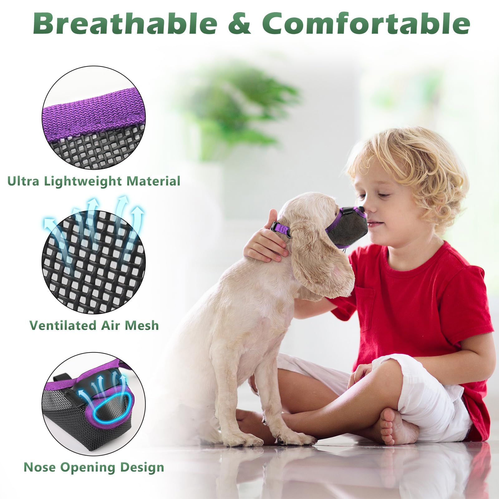 Purple Soft Dog Muzzle - Breathable Air Mesh, Allows Panting & Drinking, Adjustable Strap - Xl
