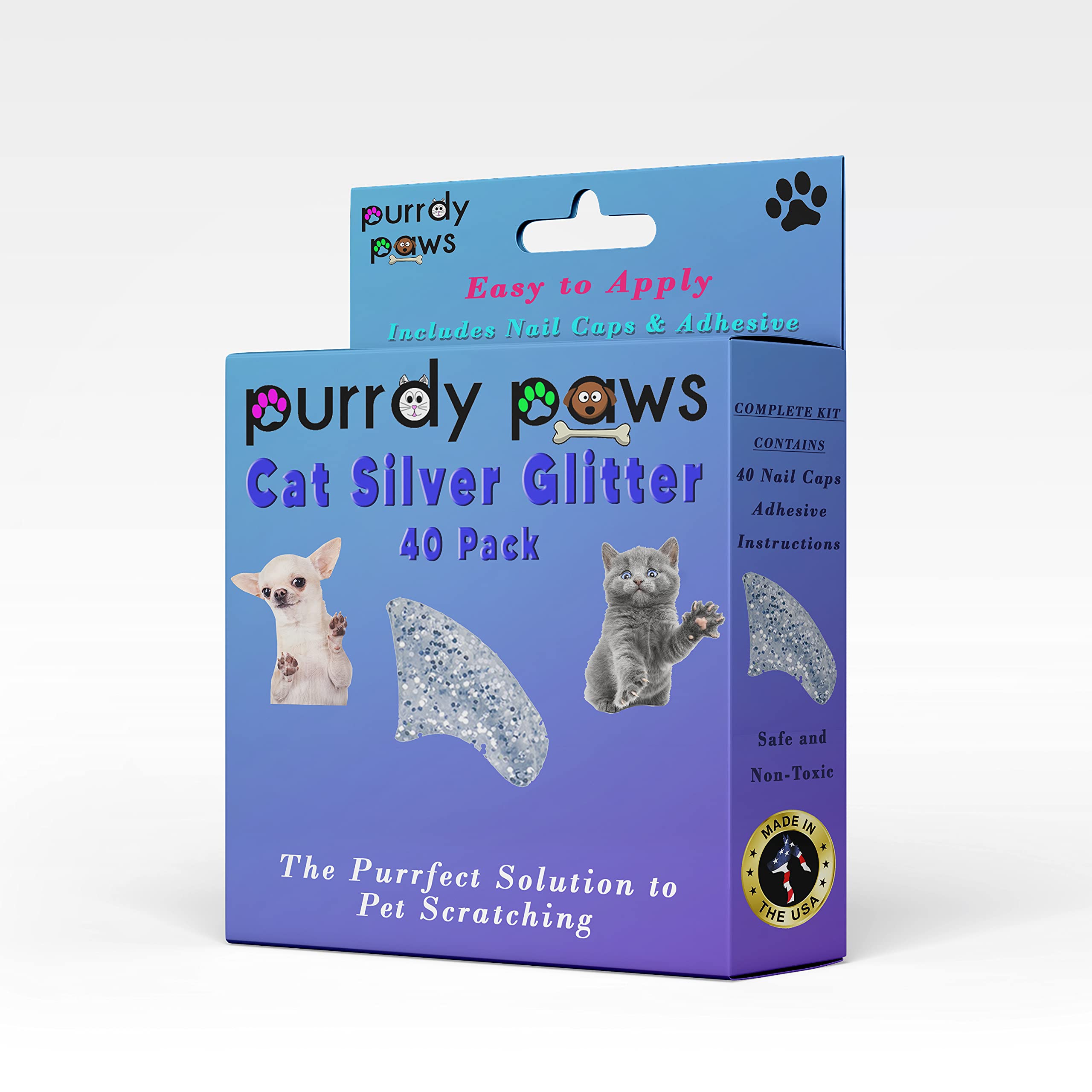 Purrdy Paws 40 Pack Soft Nail Caps For Cat Claws Silver Glitter Small
