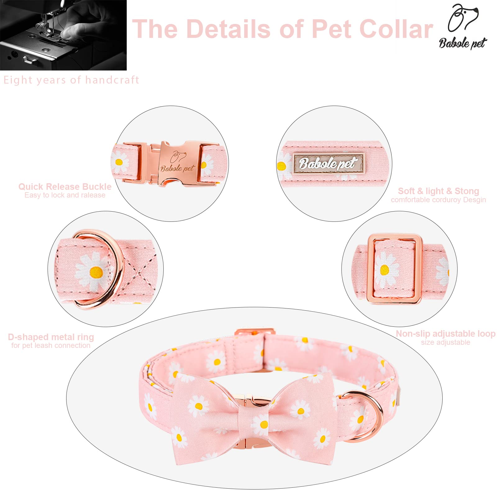 Babole Pet Dog Collar With Pink Daisy Bow Tie,Cotton Dog Collar With Safety Metal Buckle Adjustable Puppy Collars For Small Medium Large Boy&Girl Dog,Small,Neck 10'-16'