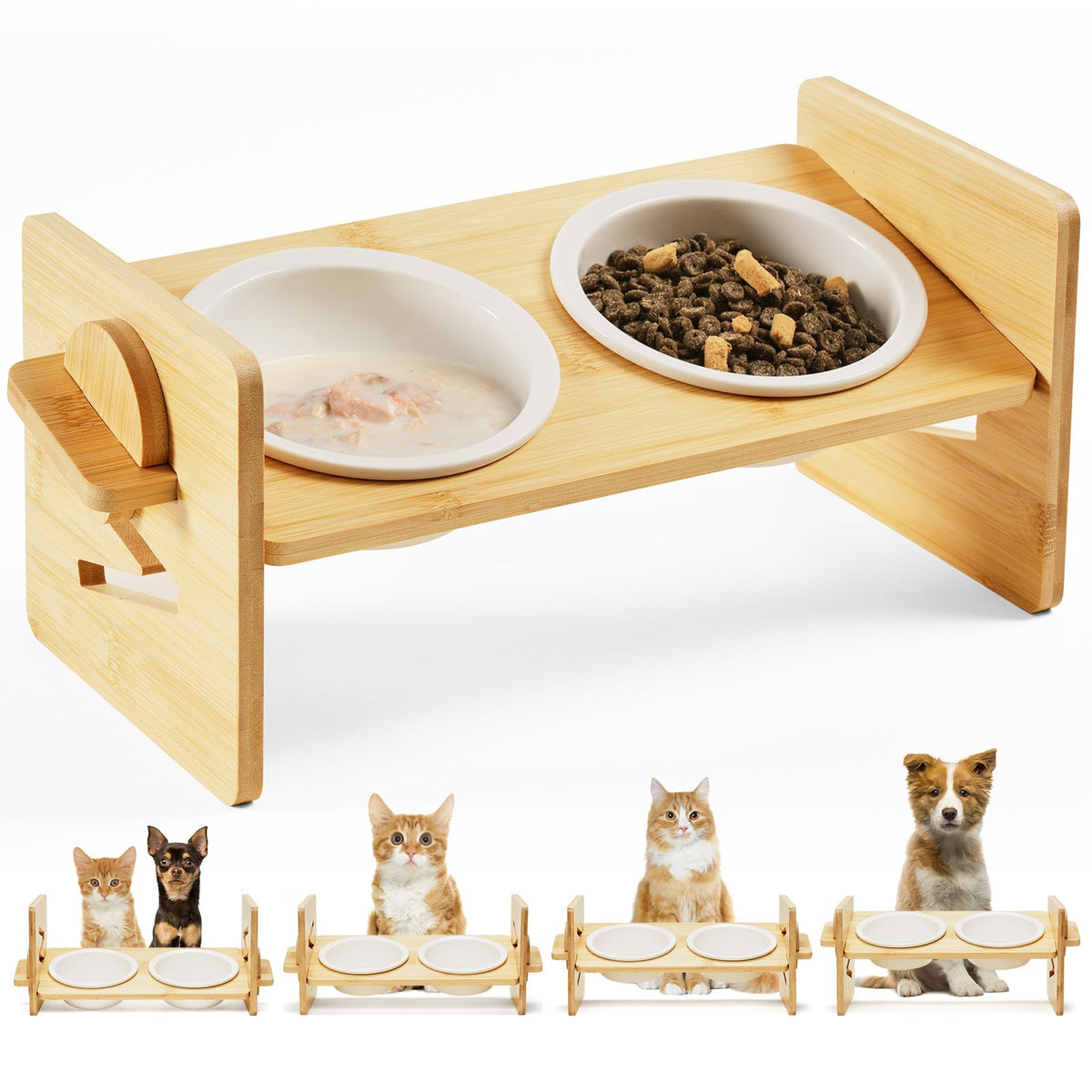 Smartoo Ceramic Elevated Cat Bowls - 15 Raised Bowl For Indoor Cats & Small Dogs, Natural Bamboo, Anti Vomiting, Dishwasher Safe