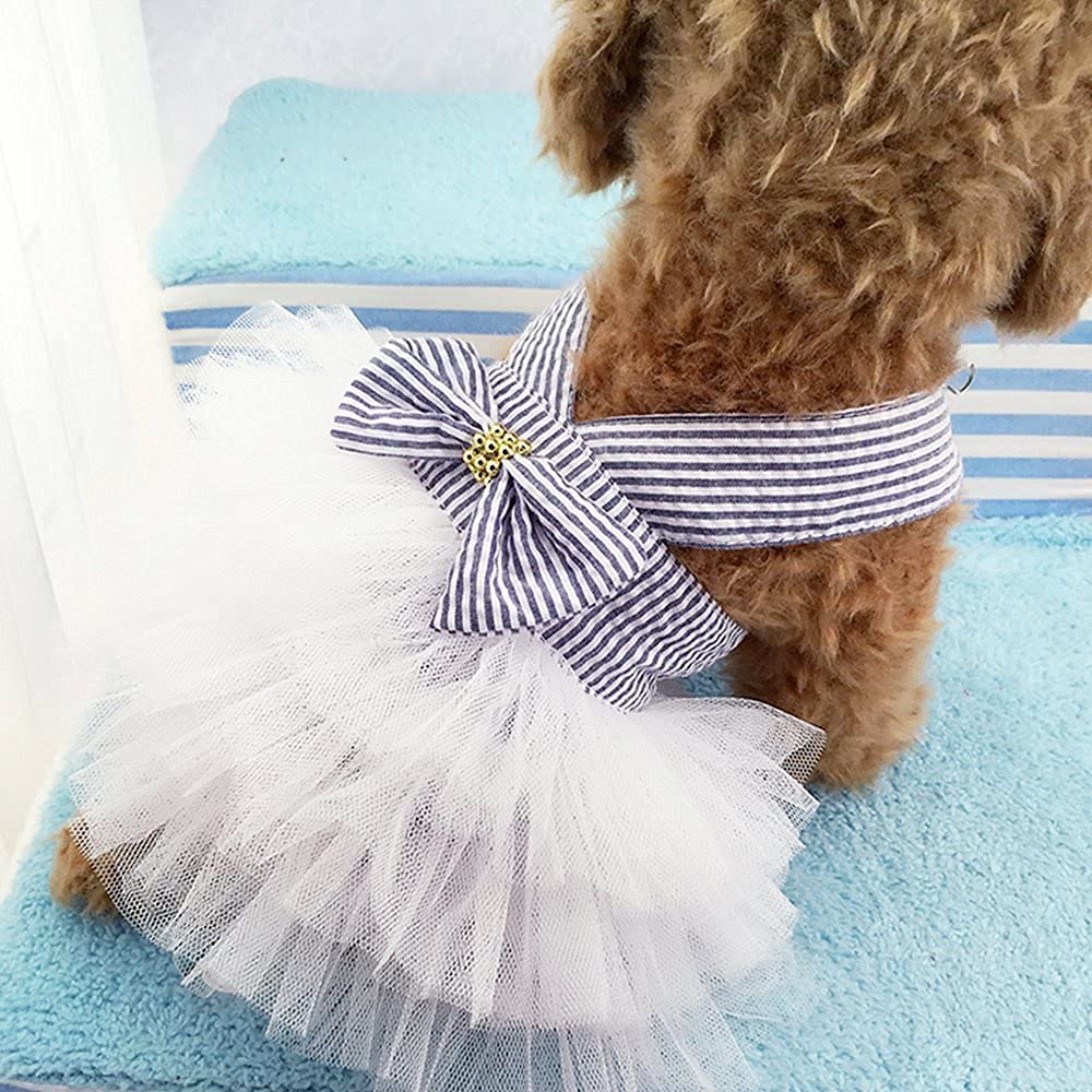 Dog Dresses, Fashion Pet Dog Clothes, Striped Mesh Puppy Dog Princess Dresses (Blue, Large)