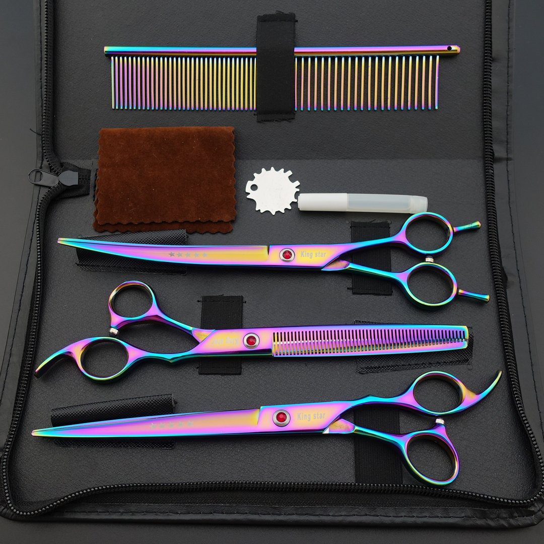 Kingstar 8.0In. Professional Pet Grooming Scissors Set,Titatium Plated Straight & Thinning & Curved Scissors Set With Comb,Dog G