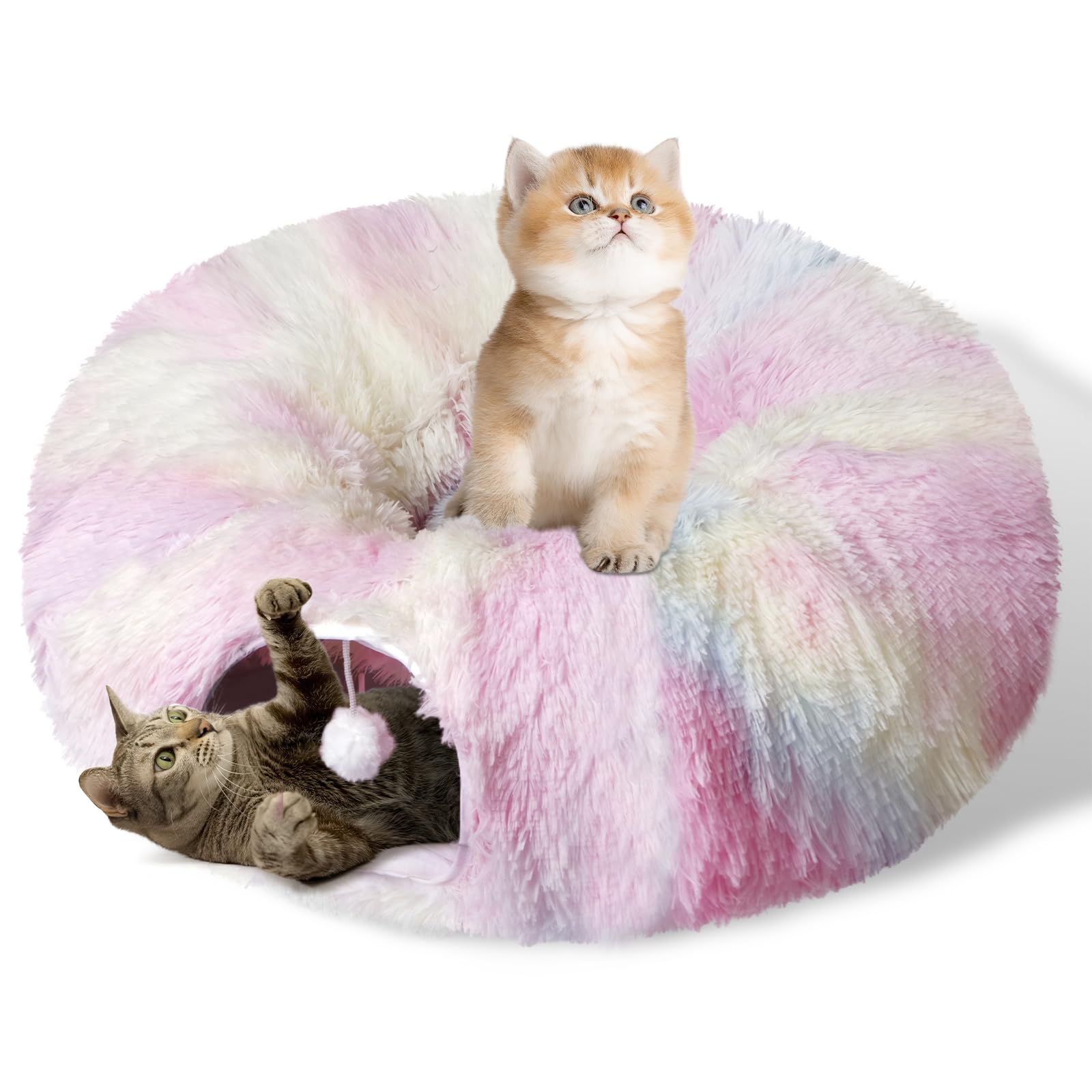 Cat Tunnel Bed For Indoor Cats, Catasaurus Peekaboo Cat Cave With Washable Soft Play Mat, Furry Cat Tube, For Kitten/Puppy/Rabbi