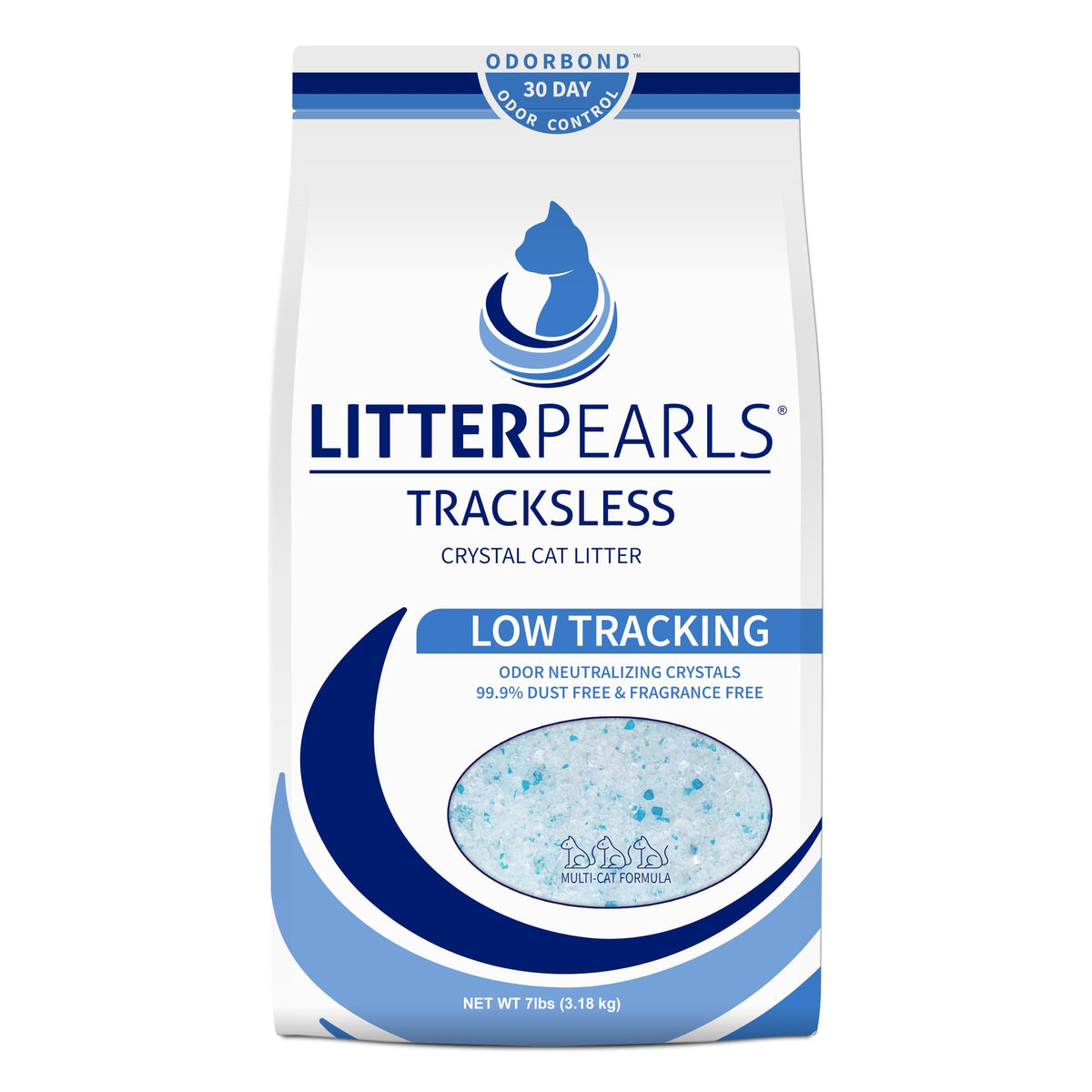 Litter Pearls Tracksless Unscented Non-Clumping Crystal Cat Litter With Odorbond, 7 Lb, White, Clear And Blue Crystals