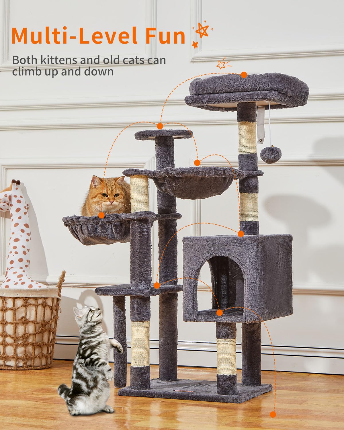Taoqimiao Cat Tree, 39.4-Inch Cat Tower For Kittens, Cat Tree Tower With 5 Scratching Posts, Plush Cat Condo With Plush Perch, 2