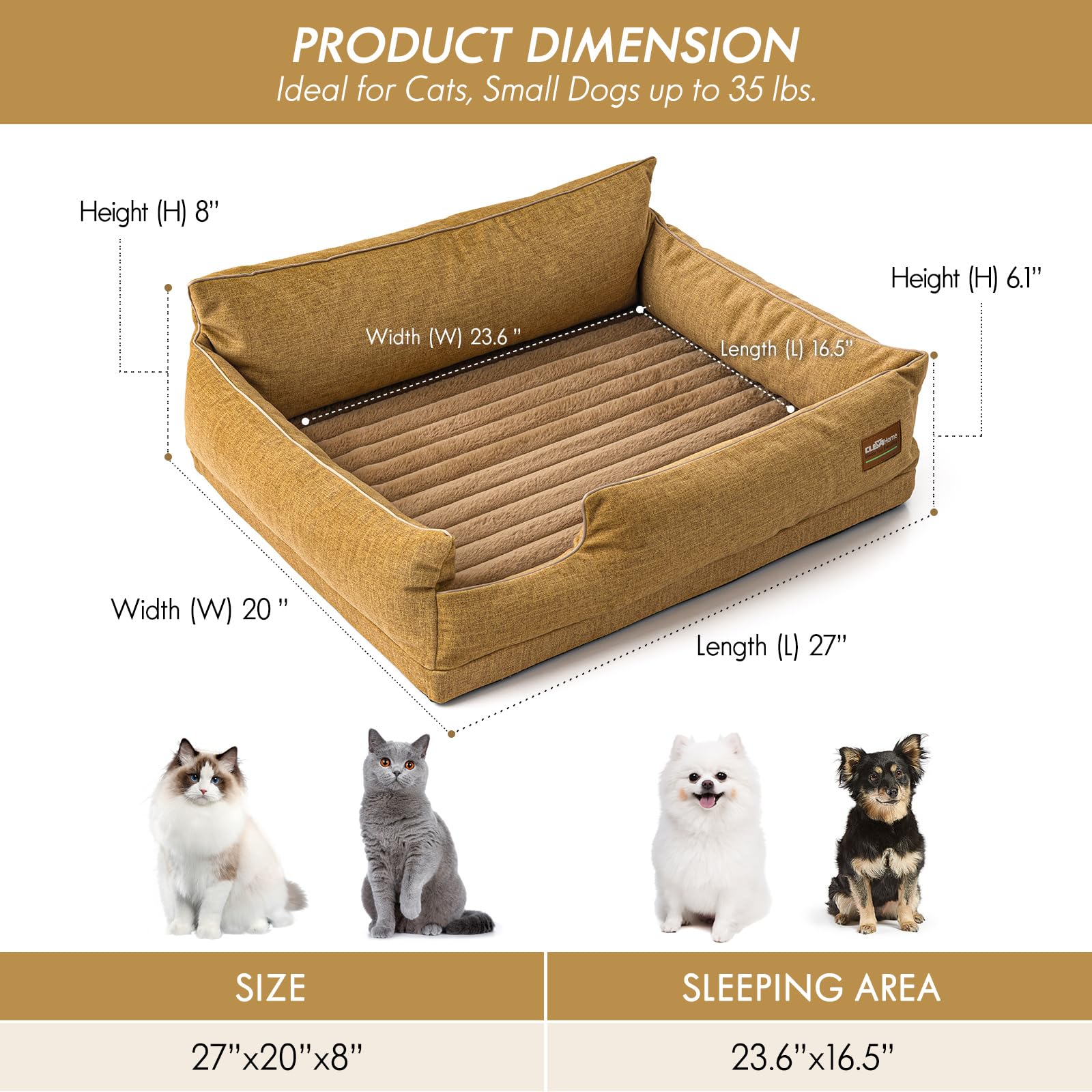 Clevahome Comfort Orthopedic Dog Sofa Bed For Small Dogs And Cats - Water-Resistant, Washable Cover & Nonslip Bottom, Orthopedic
