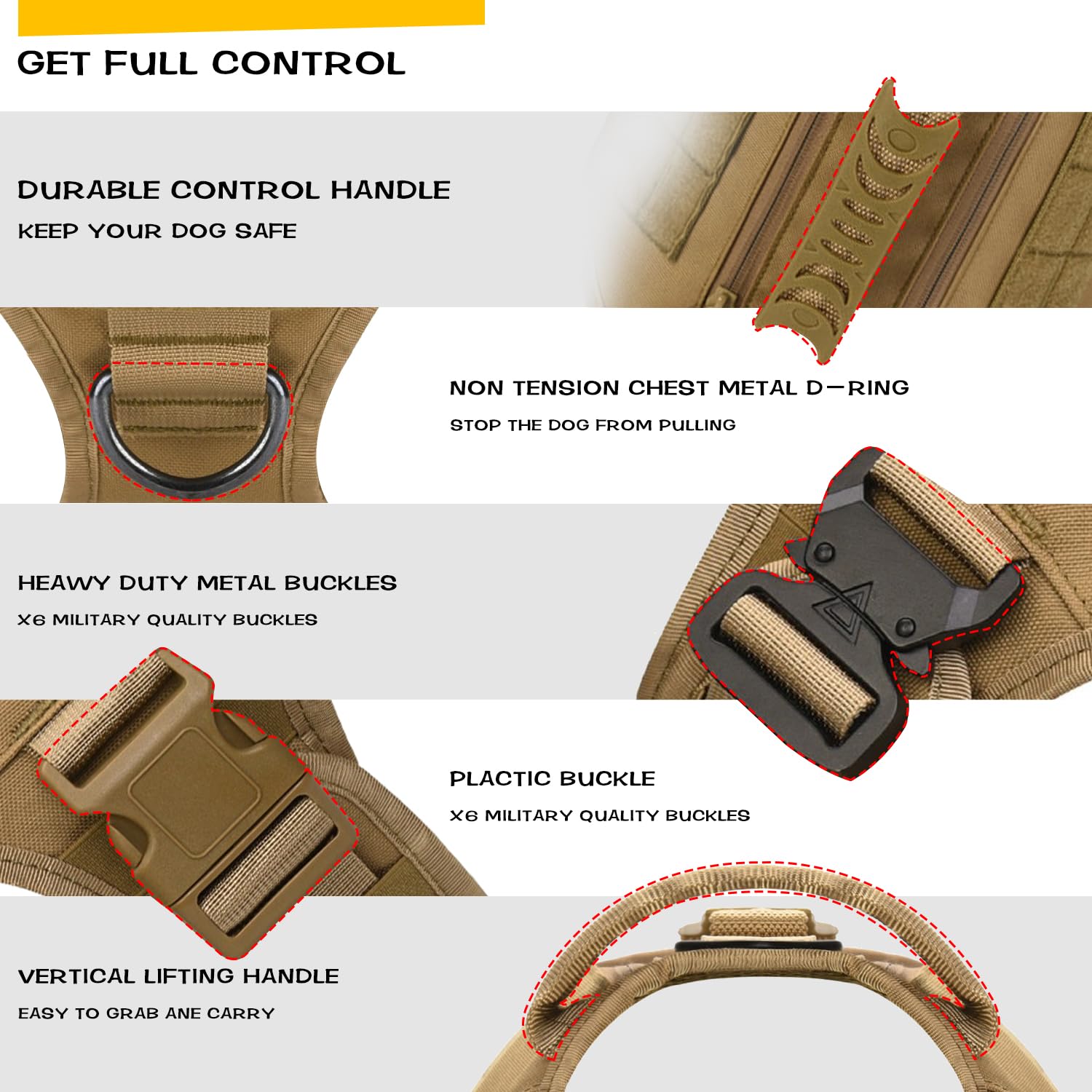 Tactical Dog Harness For Medium And Large Dogs No Pull Adjustable Dog Vest For Training Hunting Walking Military Dog Harness With Handle Service Dog Vest With Molle & Loop Panels Khaki,L(Vest Only)