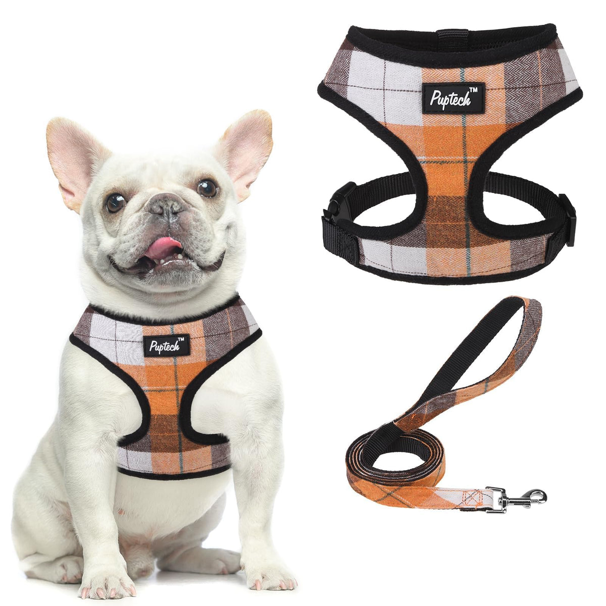 Pupteck Soft Mesh Dog Harness And Leash Set Pet Puppy Cat Comfort Padded Vest No Pull Harnesses, Orange, S