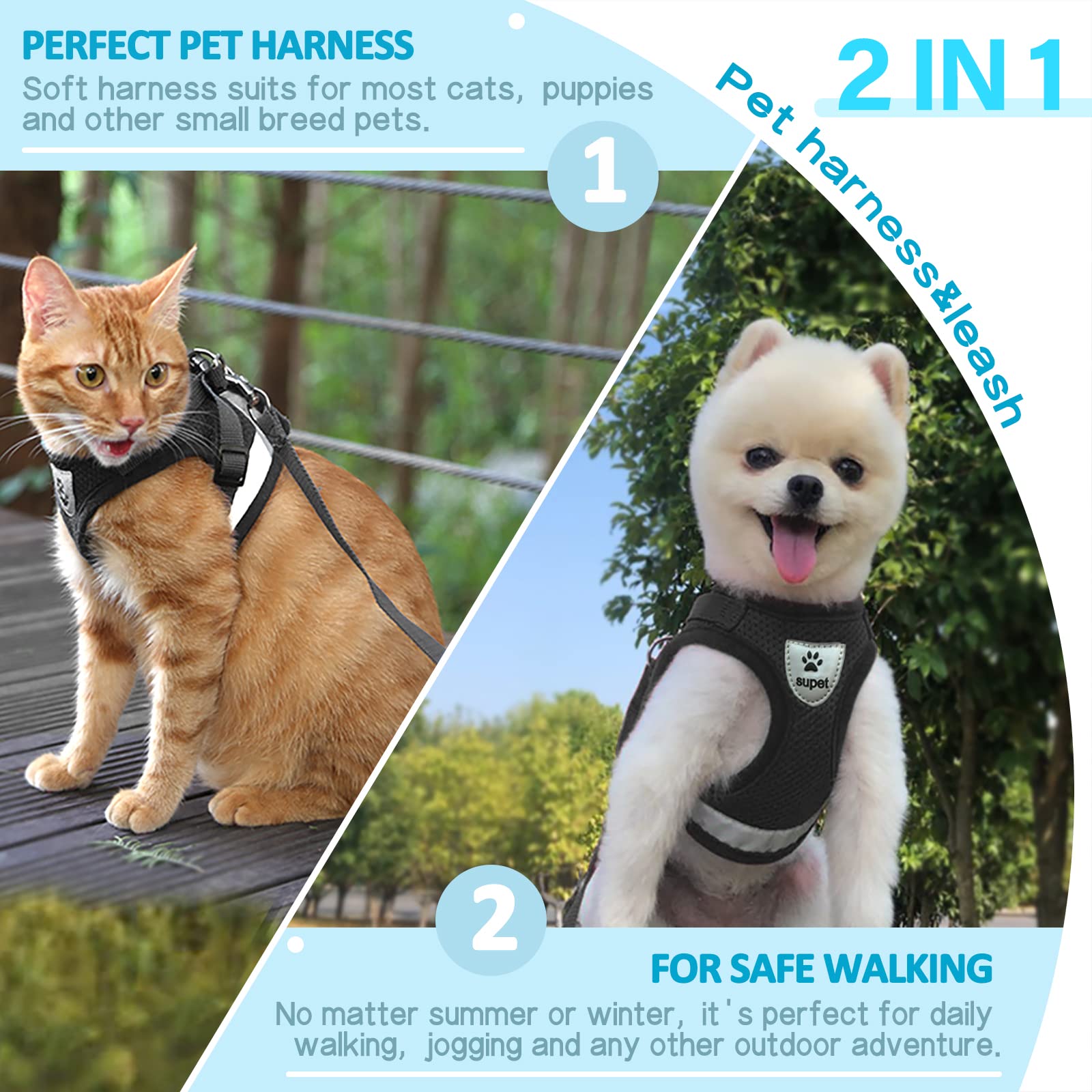 Supet Cat Harness And Leash Set For Walking And Small Dog Soft Mesh Harness Adjustable Vest With Reflective Strap Comfort Fit Fo