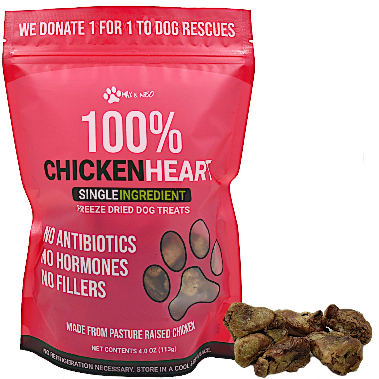 Max and Neo Freeze Dried Chicken Heart Treats -Single Ingredient, Pasture Raised, Antibiotic Free, Human Grade Chicken Grown in 