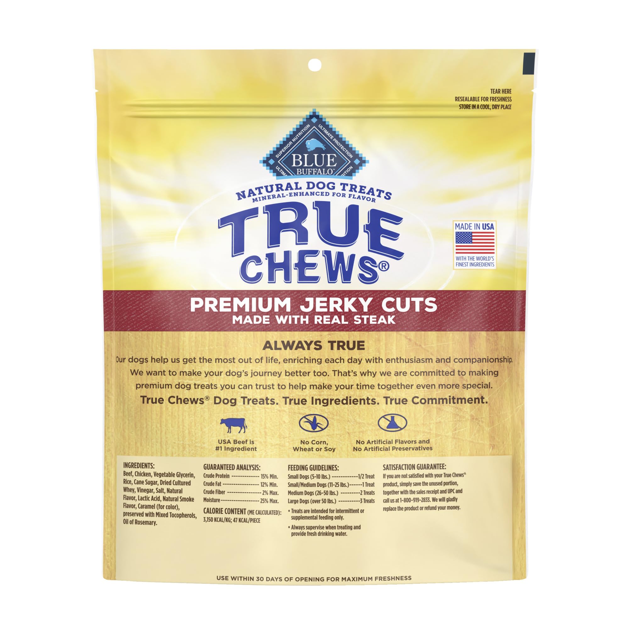 Blue Buffalo True Chews Premium Jerky Cuts Dog Treats, Made in The USA with Natural Ingredients, Beef, 30-oz. Bag