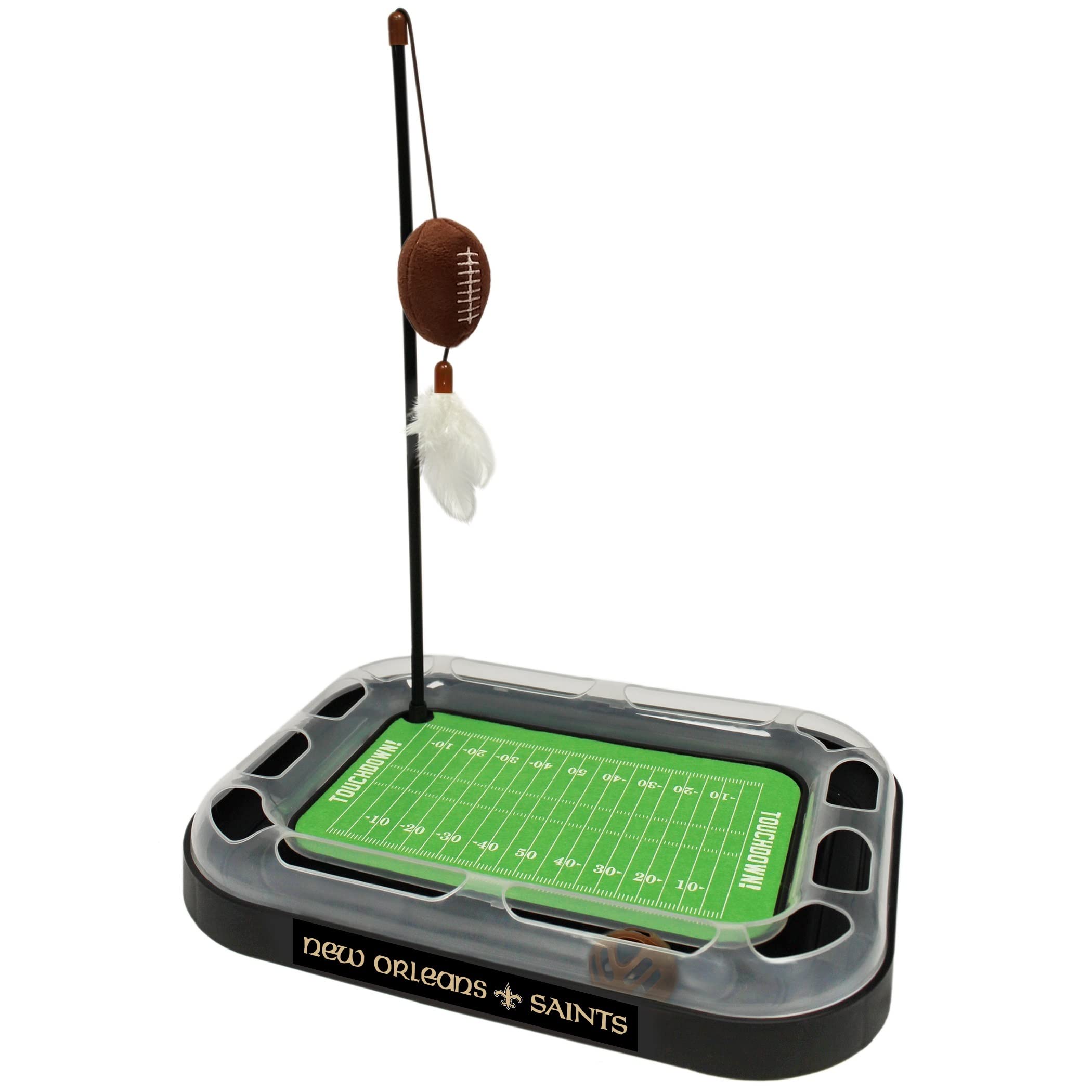 CAT BELL BALL NFL New Orleans Saints Football Field CAT Scratcher Toy with Catnip Filled Plush Football Toy & Feather Cat Toy Ha