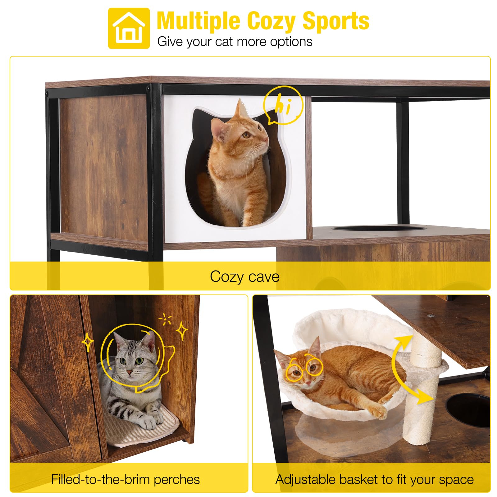 Aivituvin Wooden Cat Washroom Furniture - Enclosure With Hidden Litter Box, Condo, Hammock, Scratching Mat And Storage Shelves