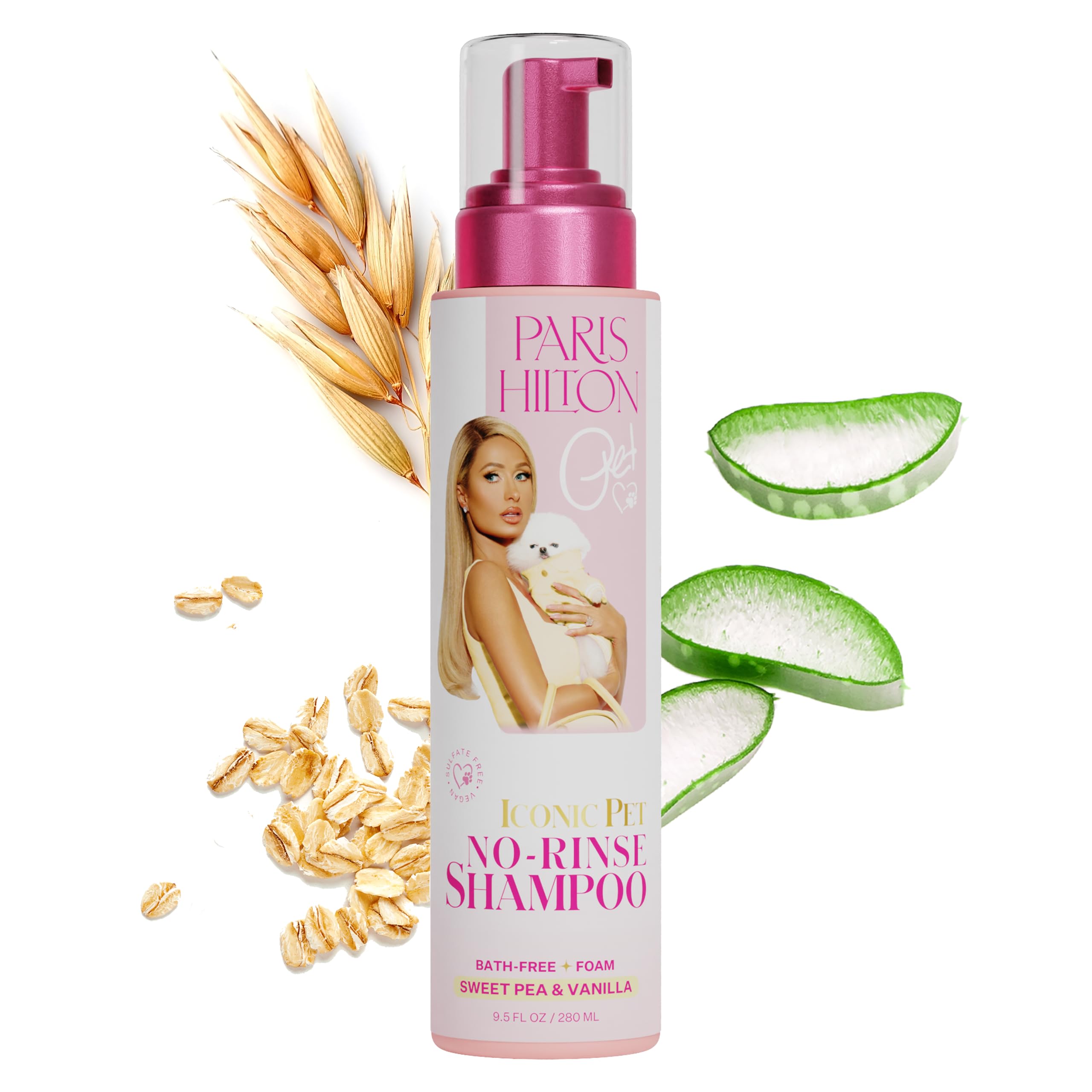 Paris Hilton Pet Iconic Sweet Pea & Vanilla Scent No-Rinse Dog Shampoo, Waterless Dog Wash, Hypoallergenic, 280Ml - Quick Clean 
