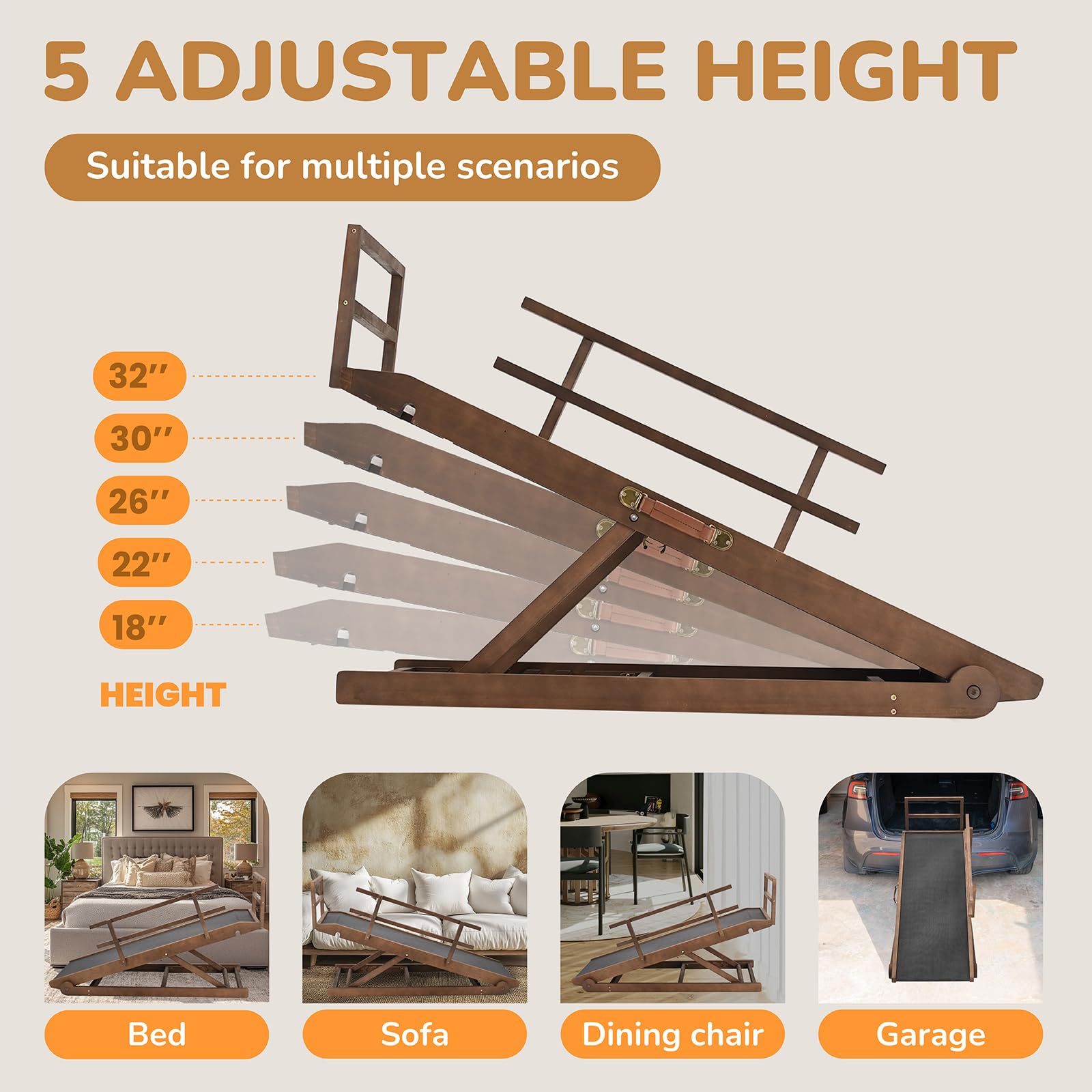 Dog Ramp For Bed, 5 Level Adjustable Dog Ramp For High Beds, Upgrade Rubber Mat High Traction Ramp With Safety Rails, Folding Pe