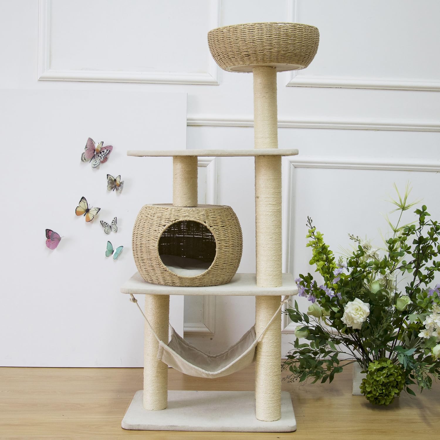 Pawlabay Wood Cat Tree For Indoor Cats, 52.4 Inch Tall, With Scratching Post And Hammock