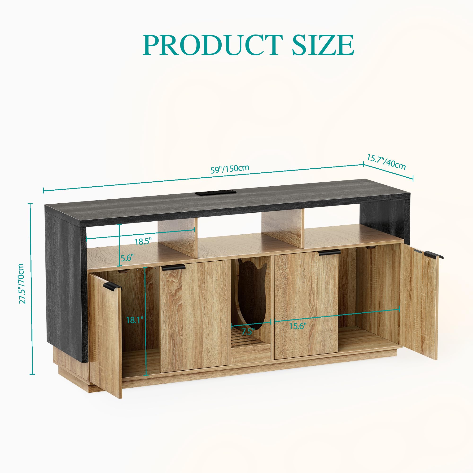 Yitahome Double Hidden Cat Litter Box Enclosure With Power Outlet & Led Light, 60 Inch Dual Kitty Litter Box Tv Stand Furniture