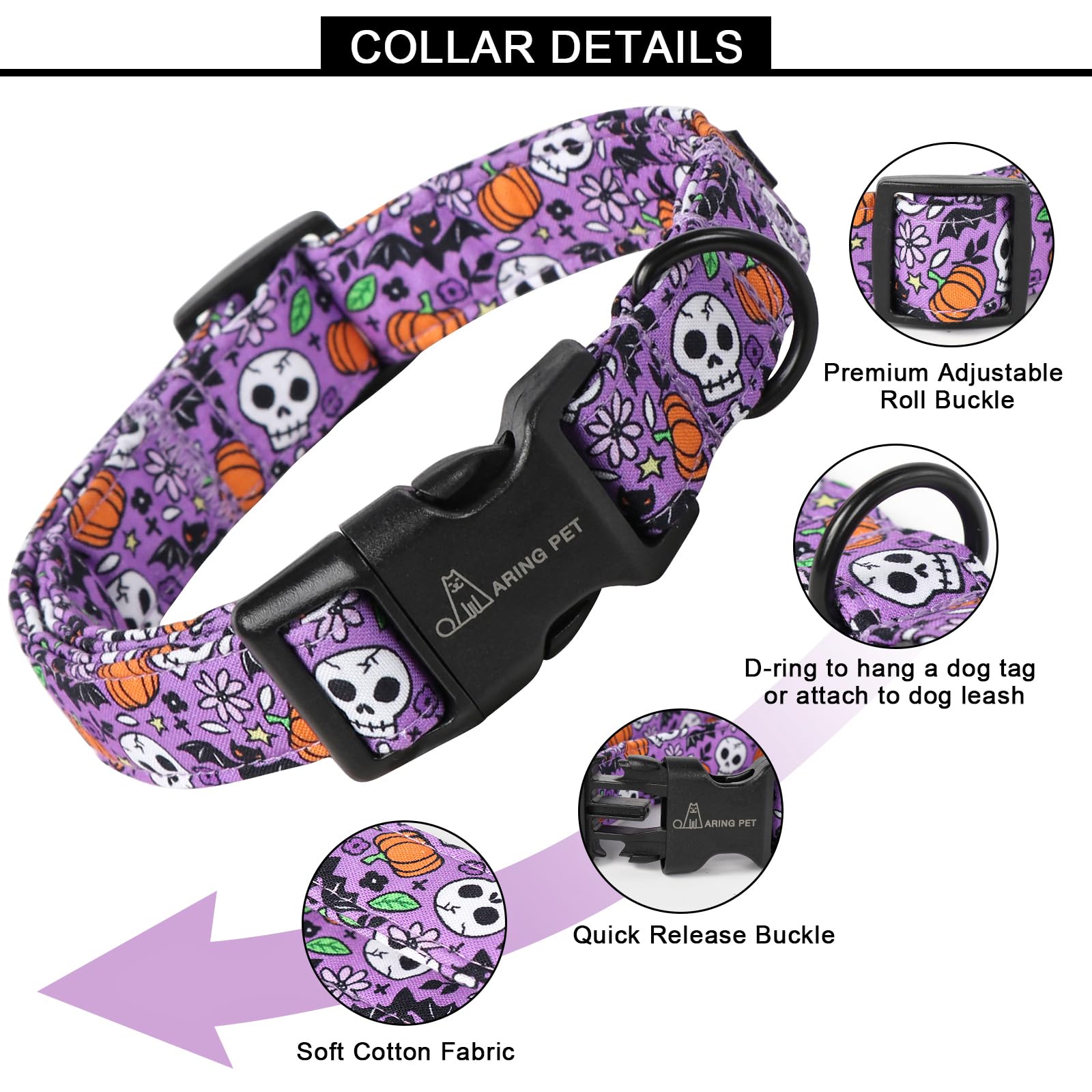 Aring Pet Halloween Dog Collar-Cotton Purple Pumpkin Dog Collars, Adjustable Skull Bat Print Pet Collar Puppy Collars With Quick Release Buckle For Girl&Boy Dogs
