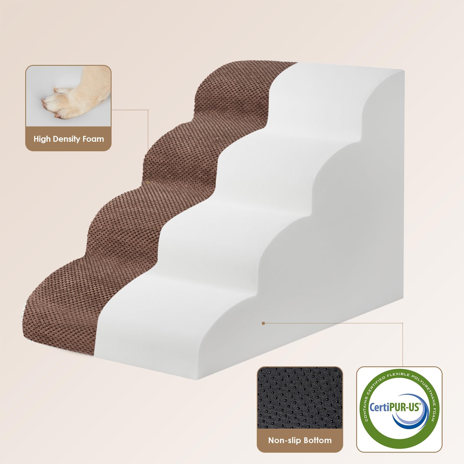 Eheyciga Curved Dog Stairs Ramp For High Beds 19.7' H, 4-Step Dog Steps For Small Dogs And Cats, Pet Stairs For High Bed Climbing, Non-Slip Balanced Pet Step Indoor, Brown