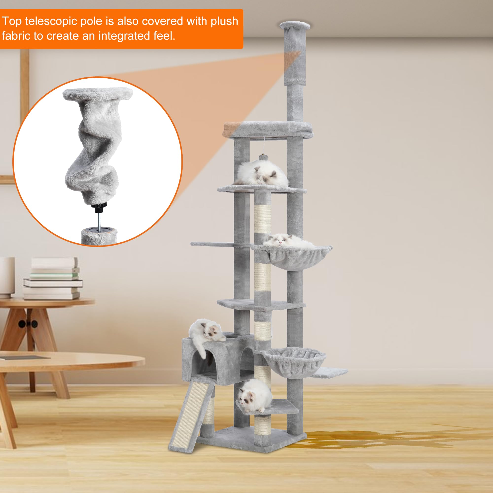 Hebly Cat Tree 92.5-104.3 Inches With Hammock, Floor To Ceiling Cat Condo,Tall Cat Climbing Tower Adjustable With Scratching Pos