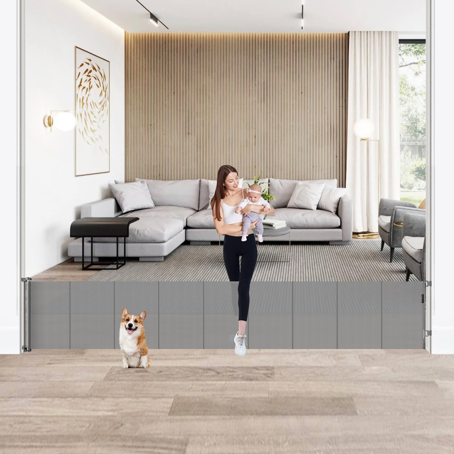 24'' Tall X 120'' Extra Wide Retractable Baby Gates, Short Dog Gates to Step Over, Reinforced Long Mesh Pet Gate with Support Ro