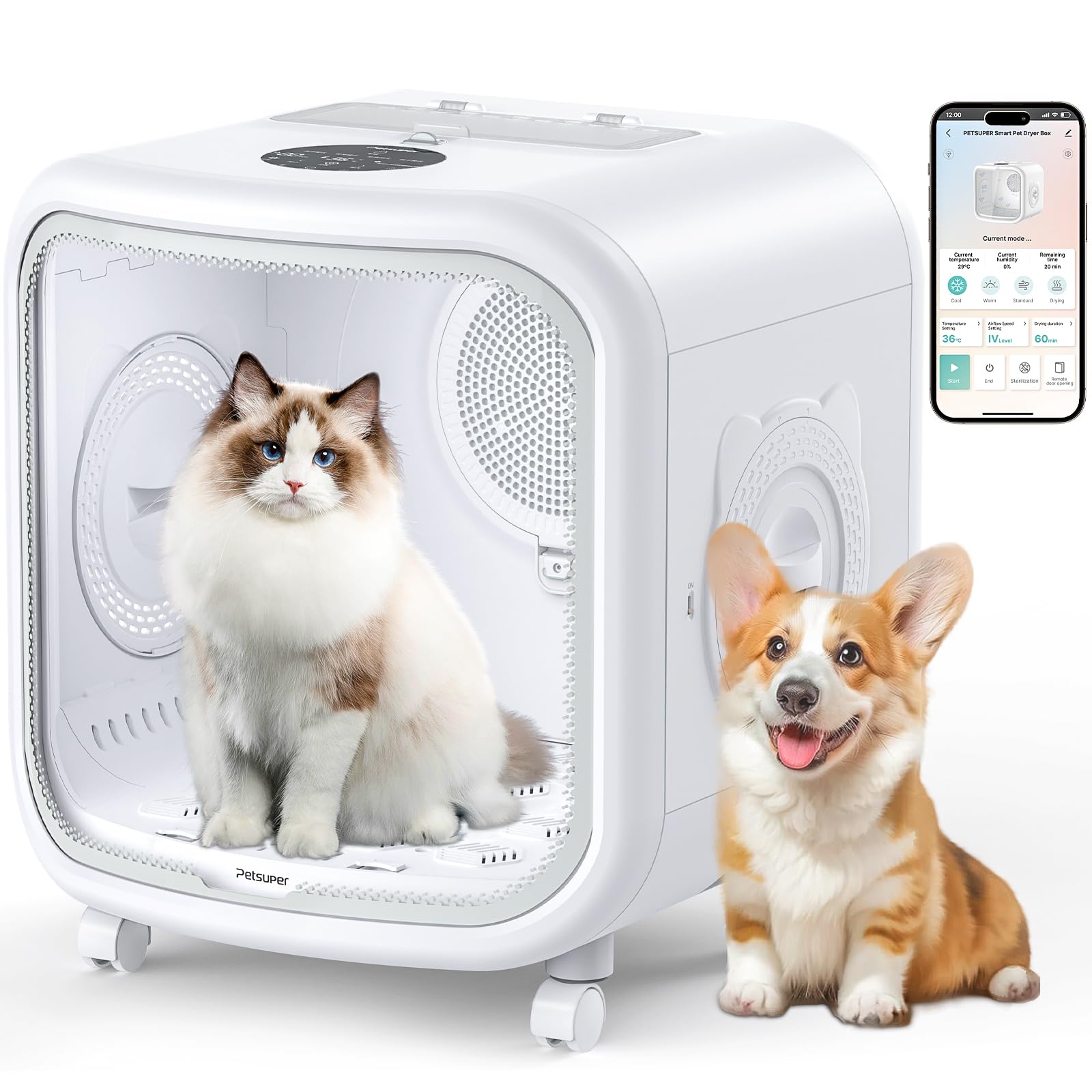 Petsuper Automatic Cat Dryer Box 75L Extra Large Capacity Ultra Quiet Fast Pet Hair Drying Box Smart App Control Temperature And