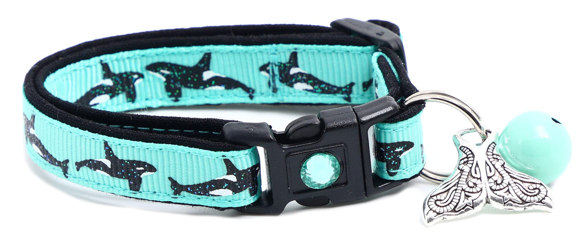 Orca Whales On Red Cat Collar - Safety - Breakaway - Charm And Bell - Pugs2Persians (Small(10Lbs & Less), Aqua)