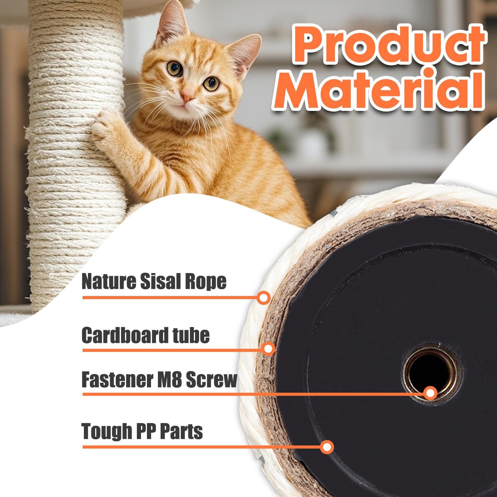 Powerking Natural Sisal Replacement Scratching Post, 15.7'' 2 Pieces M8 Cat Scratch Post Refill Pole Parts For Refurbishment, Include Screws (White)