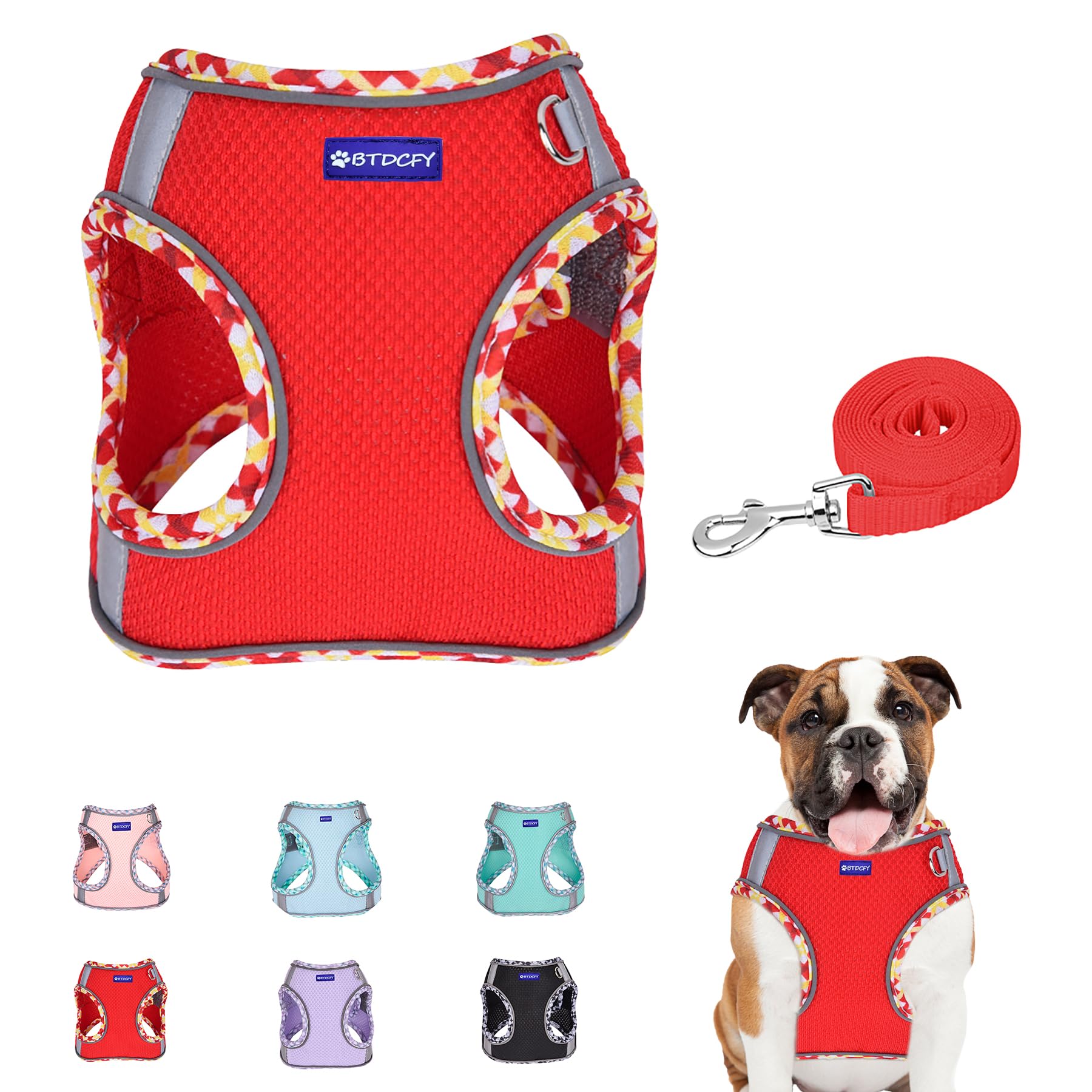Btdcfy Step In Mesh Dog Harness And Leash Set, Breathable Air Mesh, Reflective, No Choke, Lightweight, Red, S(Neck:16''-18.5'',C