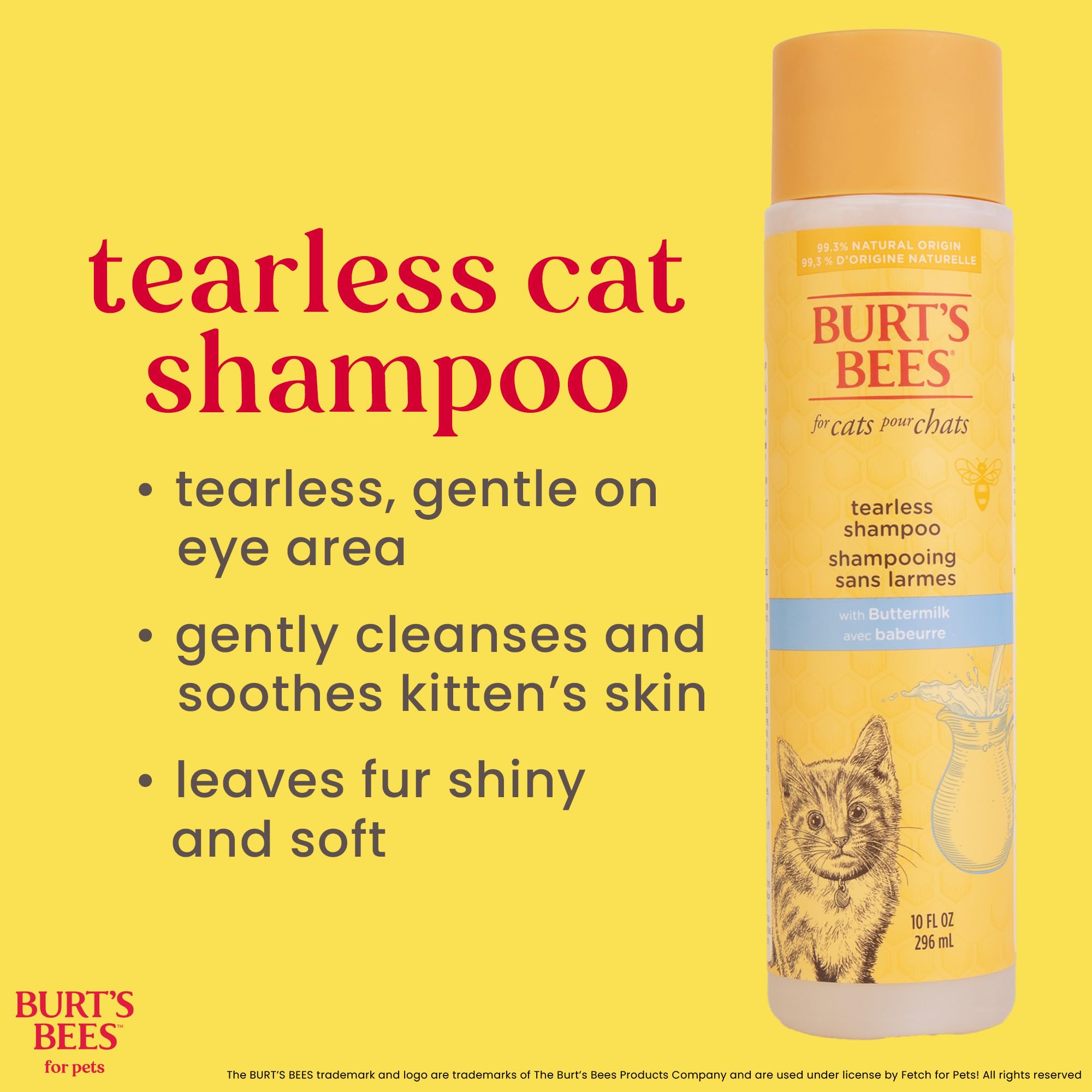 Burt'S Bees For Pets Tearless Kitten Shampoo With Buttermilk, 99.3% Natural Origin Formulas, Pet Shampoo For Cats, Gentle Cat Shampoo, Cat Shampoo For Itchy Skin, 10 Oz