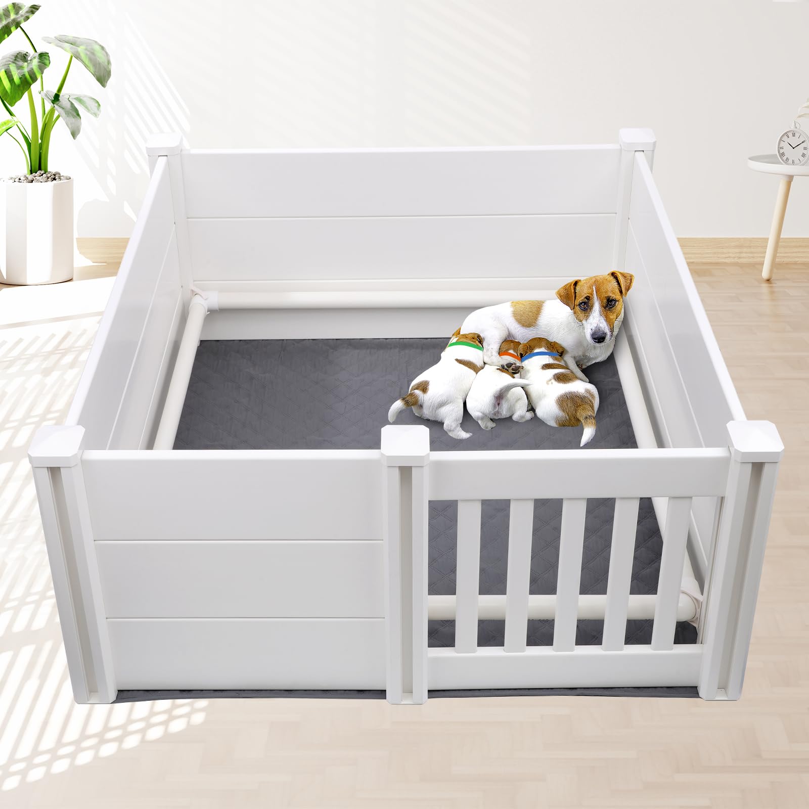 Whelping Box For Dogs And Puppies With Pig Rails And Waterproof Whelping Pad, 38  38  18In Puppies Playpen With Adjustable Heigh