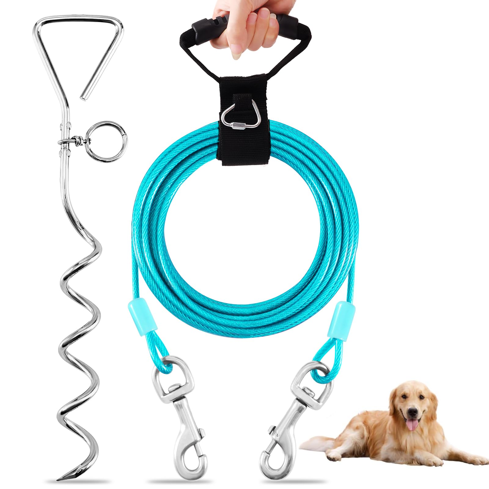 Dog Tie Out Cable And Stake,15Ft Outside Dog Run Cable Leash&Chain With Hand Strap For Camping And Yard, 16'' Heavy Duty Anti Ru
