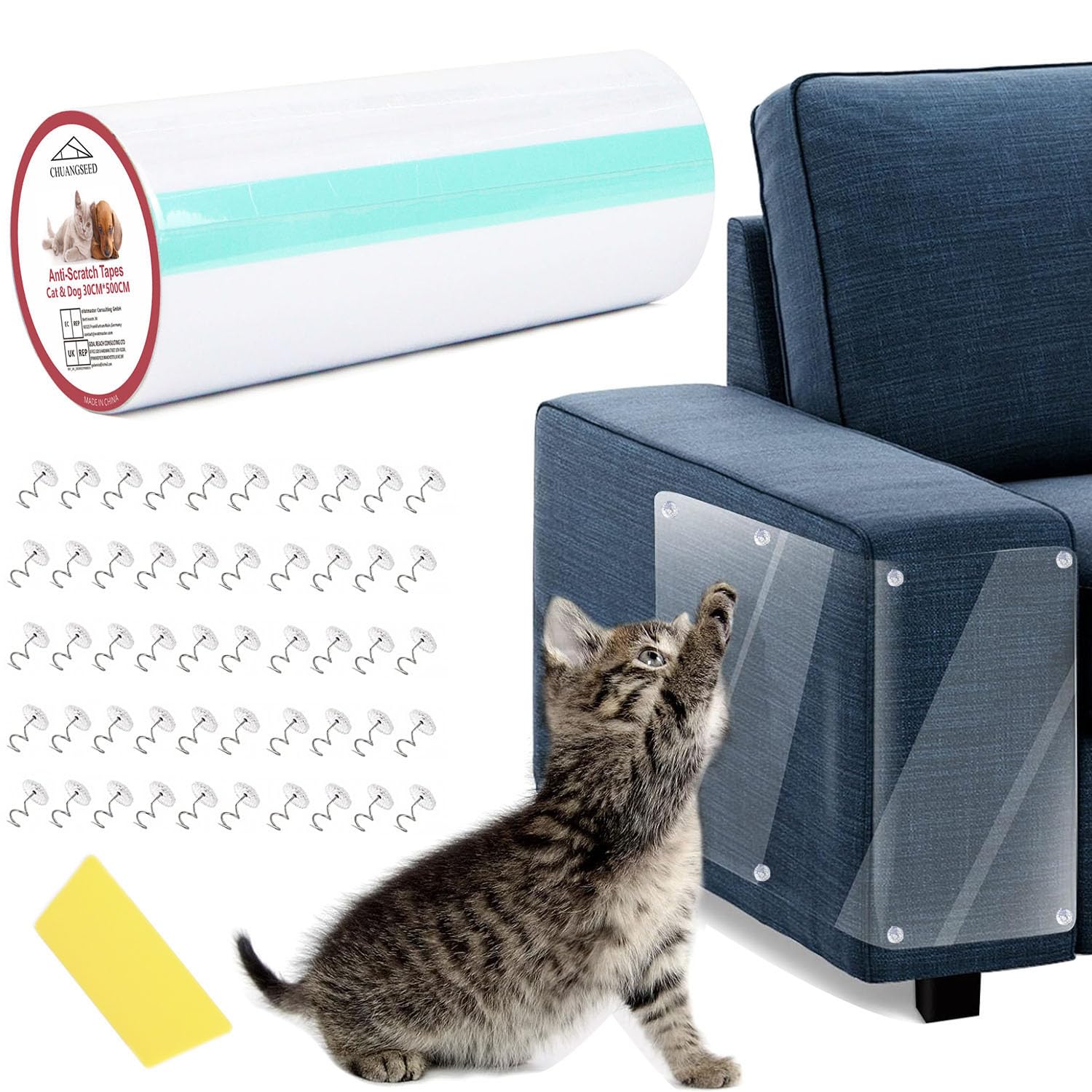 Anti-Cat Scratch Furniture Protector, 200'' X 12'', Single-Side Cat Couch Scratch Protector With 50 Twist Pins + 1 Scraper