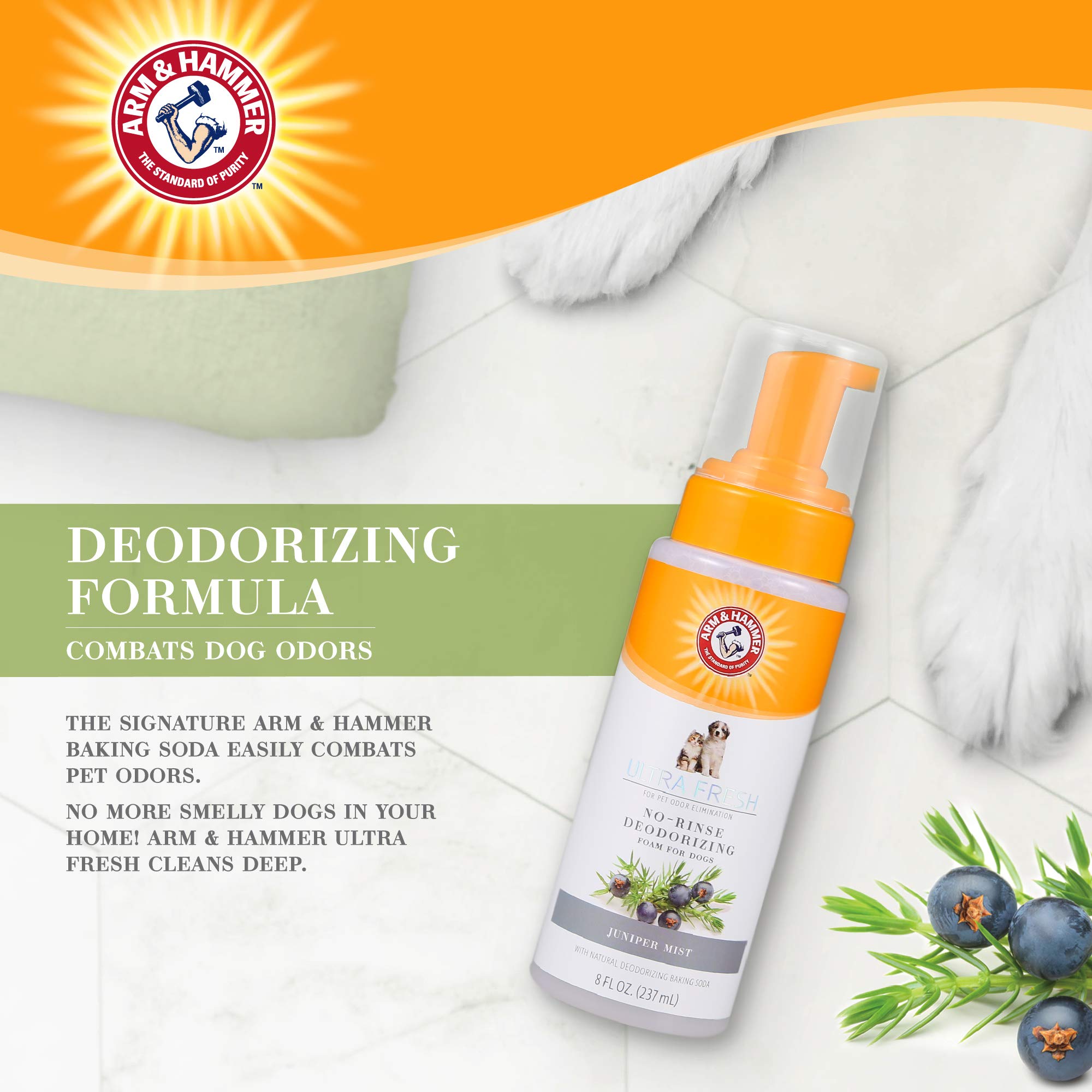 Arm & Hammer Ultra Fresh No Rinse Deodorizing Foam for Dogs, Juniper Mist, 8 Fl Oz - Waterless Dog Shampoo with Baking Soda