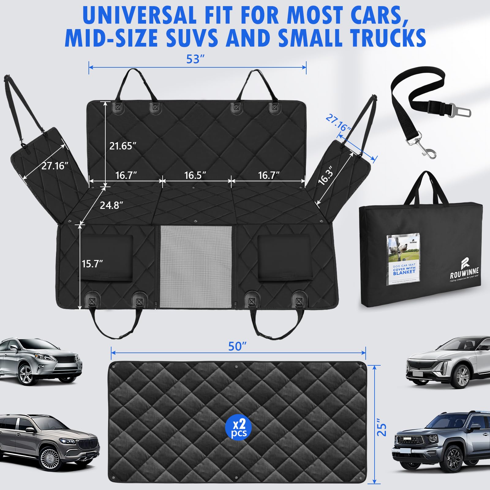 Rouwinne Back Seat Extender For Dogs-With Removable Soft Blankets, Hard Bottom Dog Car Seat Cover For Back Seat, Sturdy Backseat