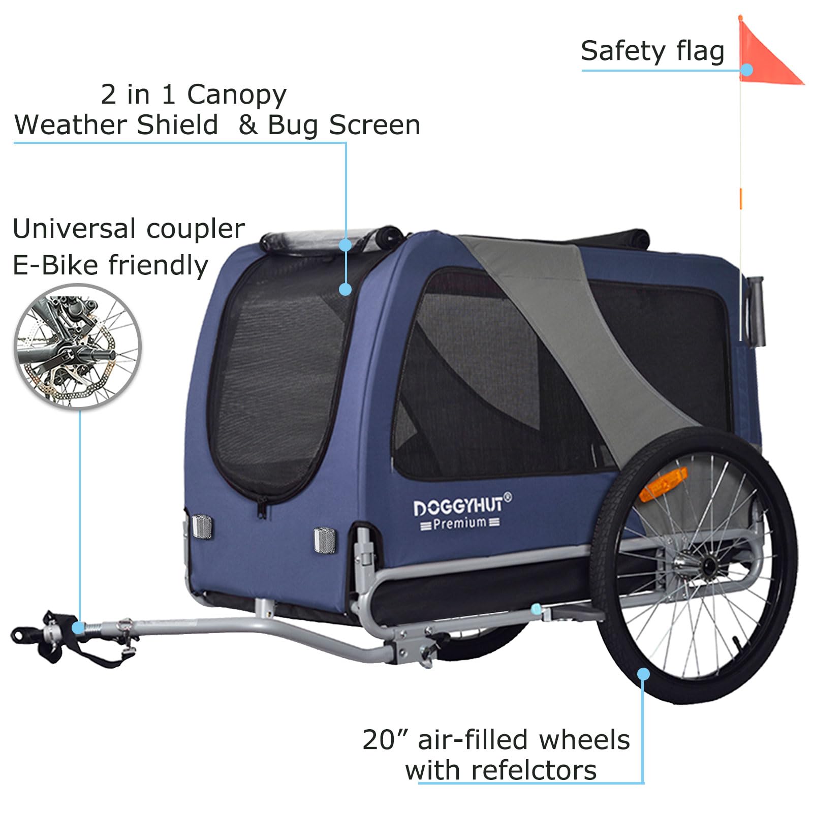 Doggyhut Premium Pet Bike Trailer & Stroller For Small,Medium Or Large Dogs,Bicycle Trailer For Dogs Up To 100 Lbs (Blue, Xl)