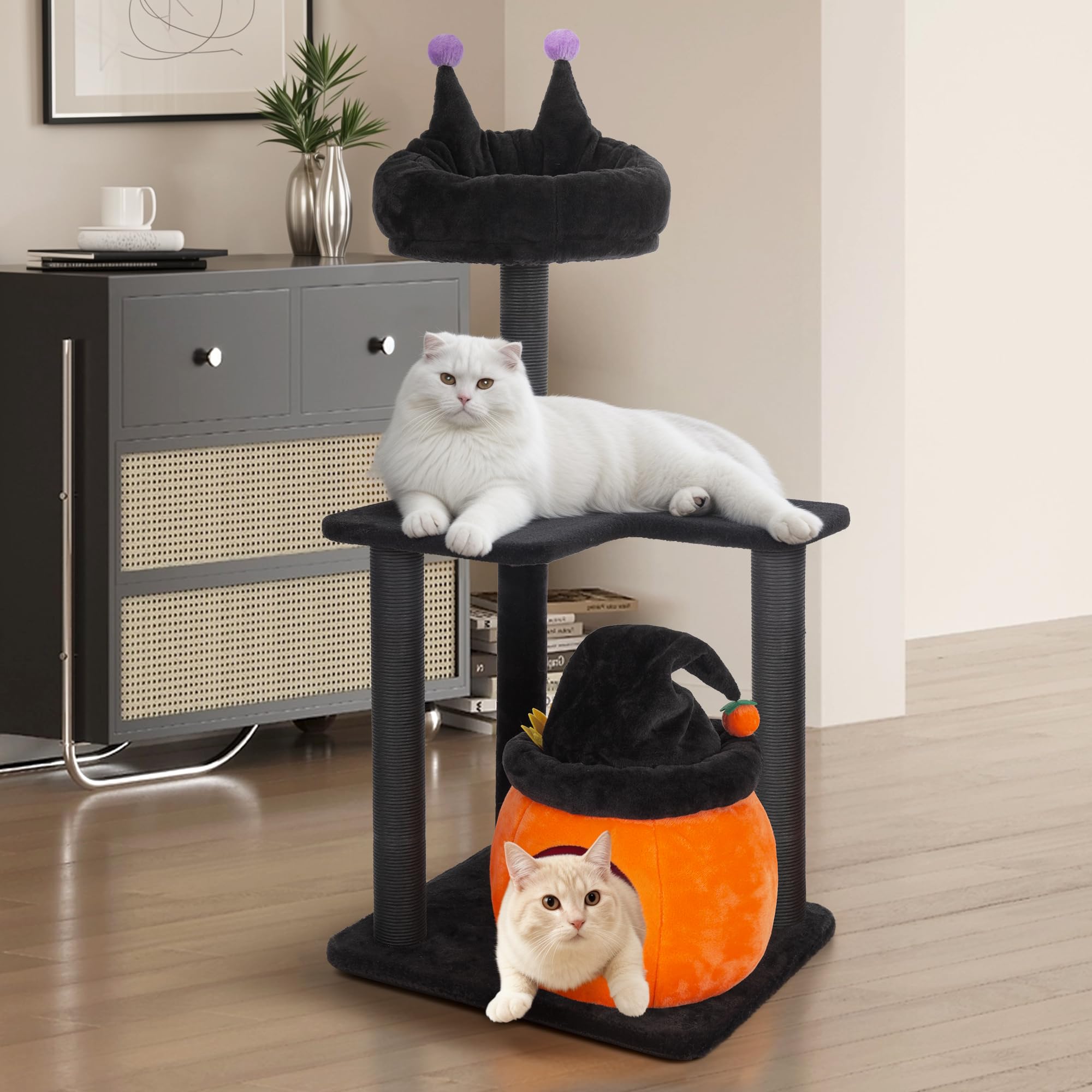 Kamaboko Gothic Cat Tree, 44.8    Black Cat Tower For Indoor Cats With Sisal Scratching Posts, Spacious Cat Condo, Self Groomer,