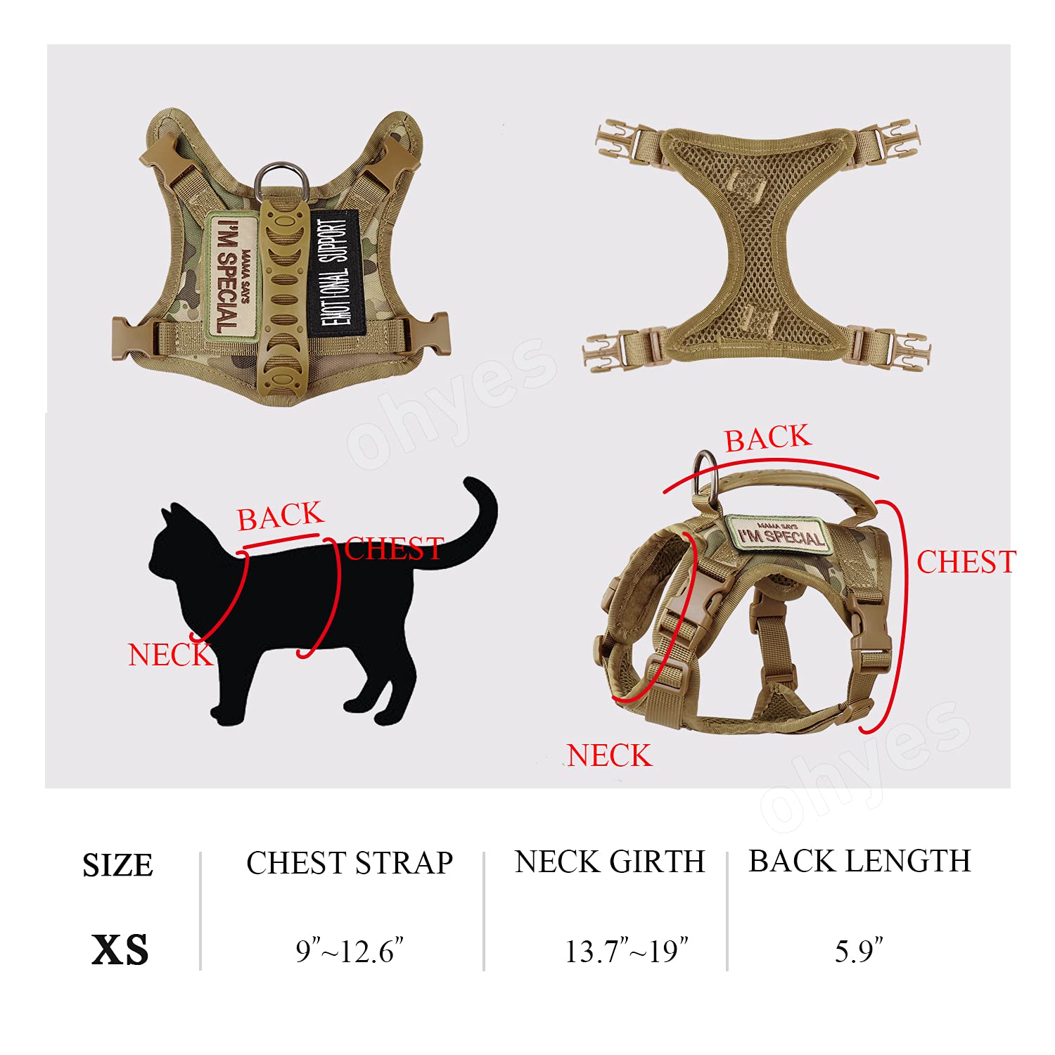 Tactical Cat Harness For Walking Escape Proof, Soft Mesh Adjustable Pet Vest Harness For Large Cat,Small Dog (L, Khaki)