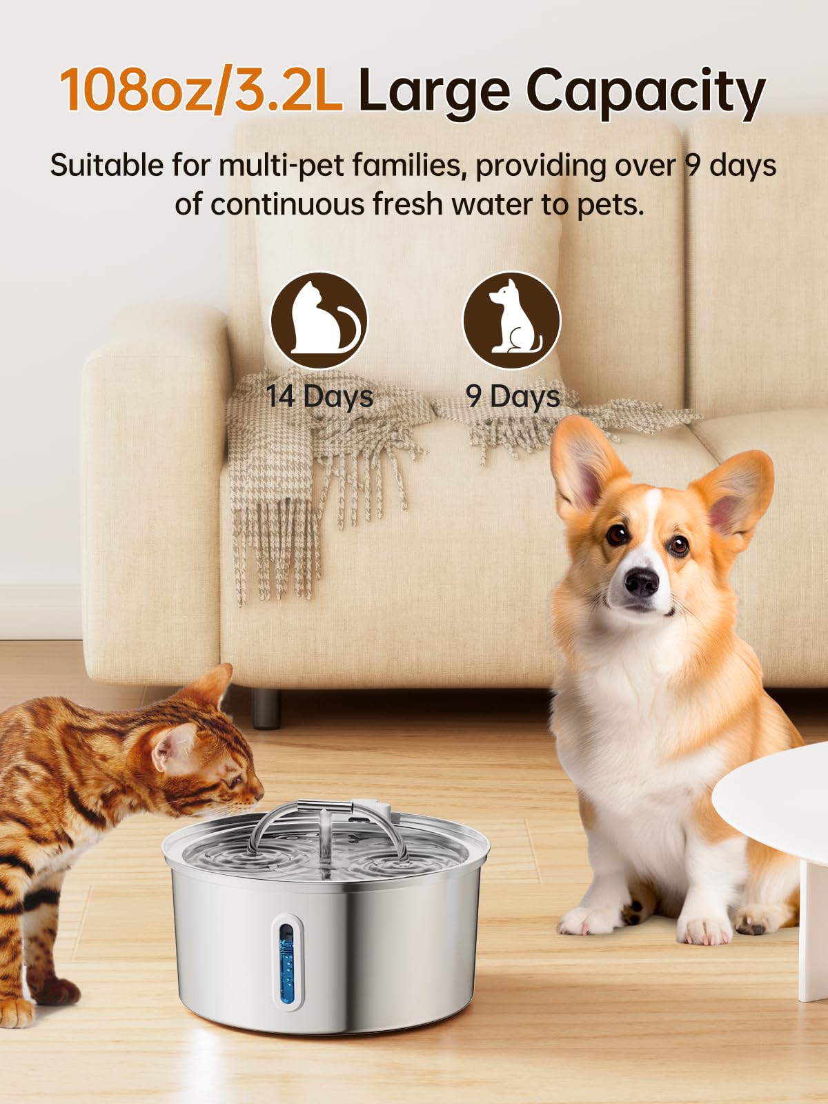 Cat Water Fountain Stainless Steel, 3.2L/108Oz Pet Water Fountain For Drinking, Automatic Metal Dog Water Dispenser Bowl With Qu