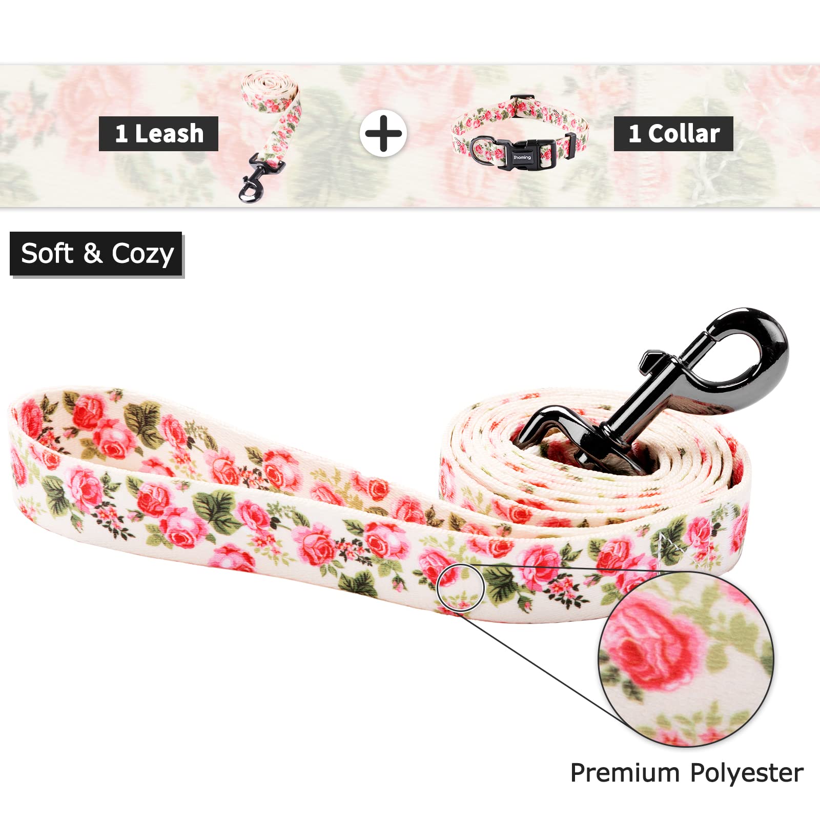 Ihoming Puppy Collar and Leash Set for Daily Outdoor Walking Running Training, Pink Flowers Design for Extra Small Boys Girls Do