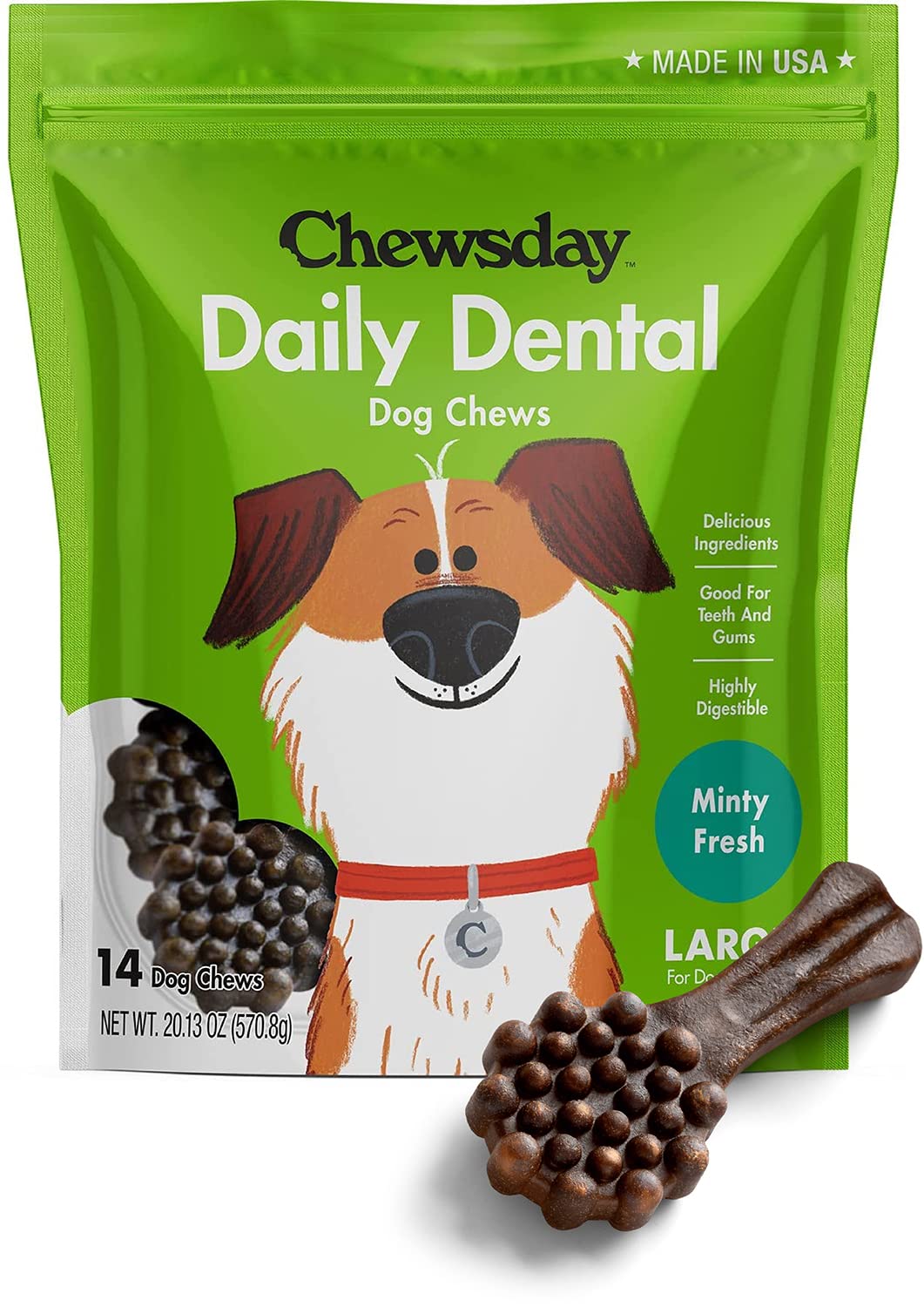 Chewsday Large Minty Fresh Daily Dental Dog Chews, Made In The Usa, Natural Highly-Digestible Oral Health Treats For Healthy Gums And Teeth - 14 Count