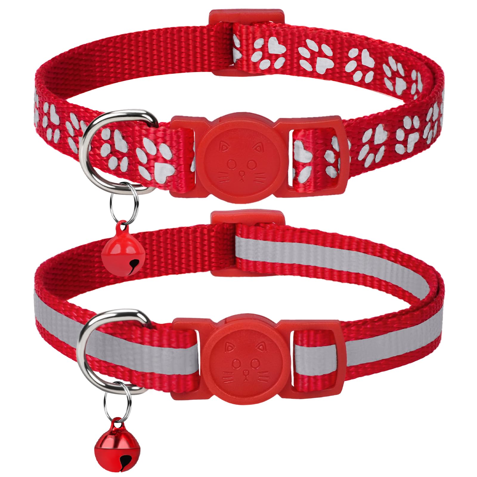 Taglory Reflective Cat Collars Breakaway With Bell, 2 Pack Girl Boy Pet Kitten Collar Adjustable 6-8 Inch, Red