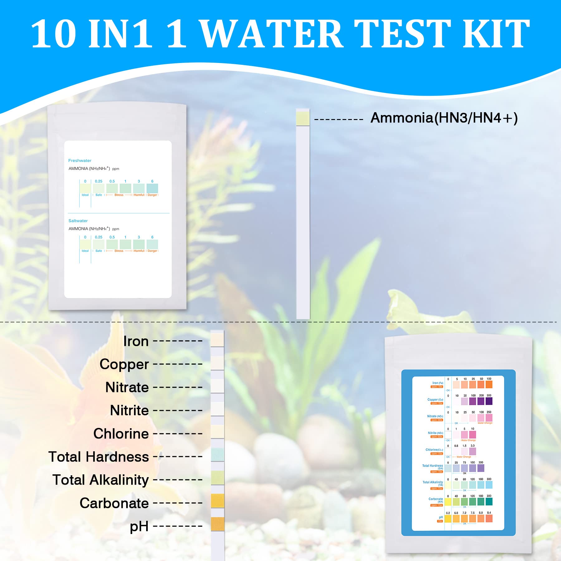 150Pcs Aquarium Ammonia Test Strips, 10 In 1 Ammonia Test Kit For Aquarium Water Test Kit For Freshwater Saltwater Fish Tank Water Testing Kit To Monitors Ammonia Ph Nitrite Nitrate Kg Gh And More